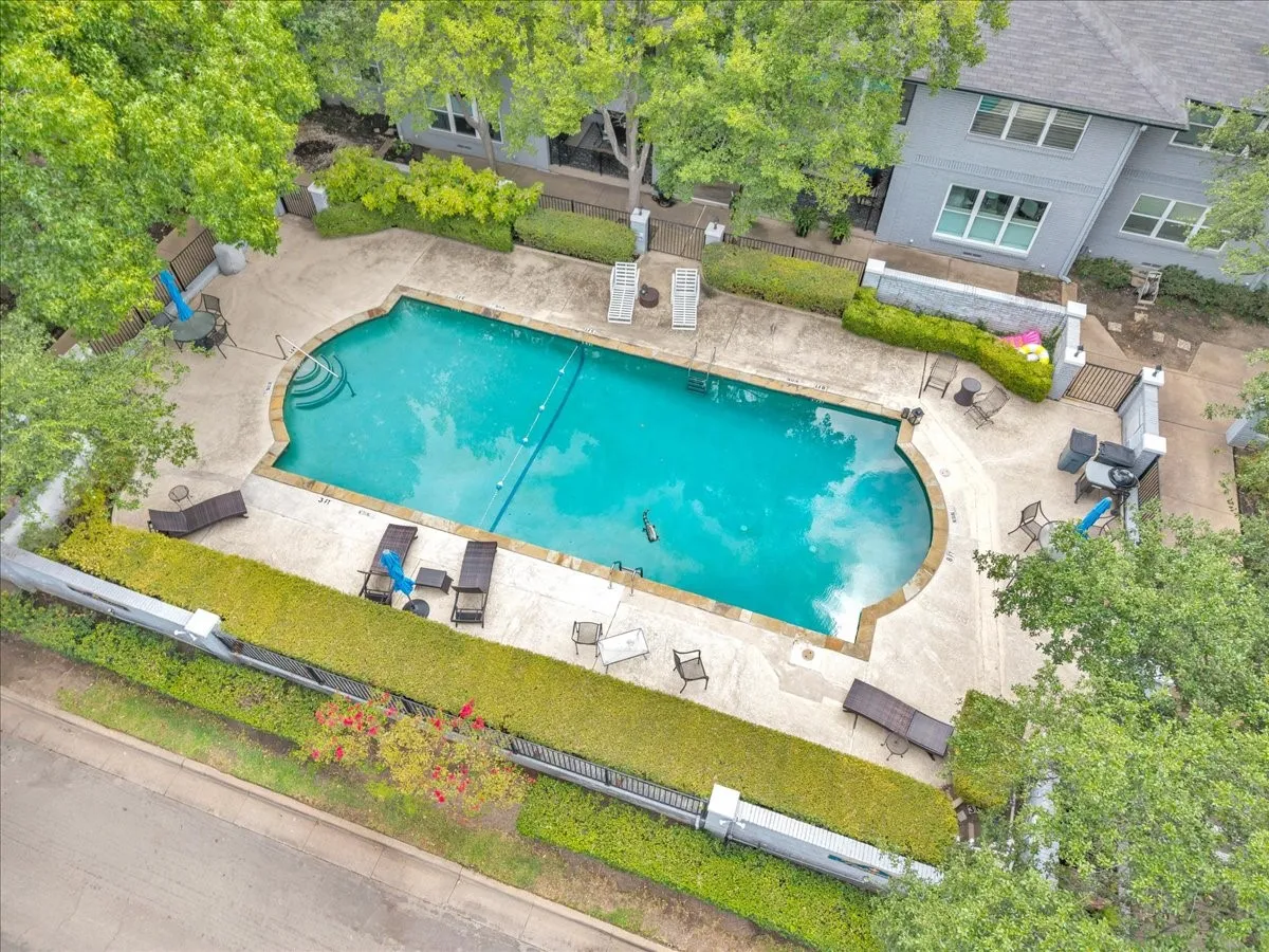 Curved swimming pool with integrated steps, surrounded by a concrete patio