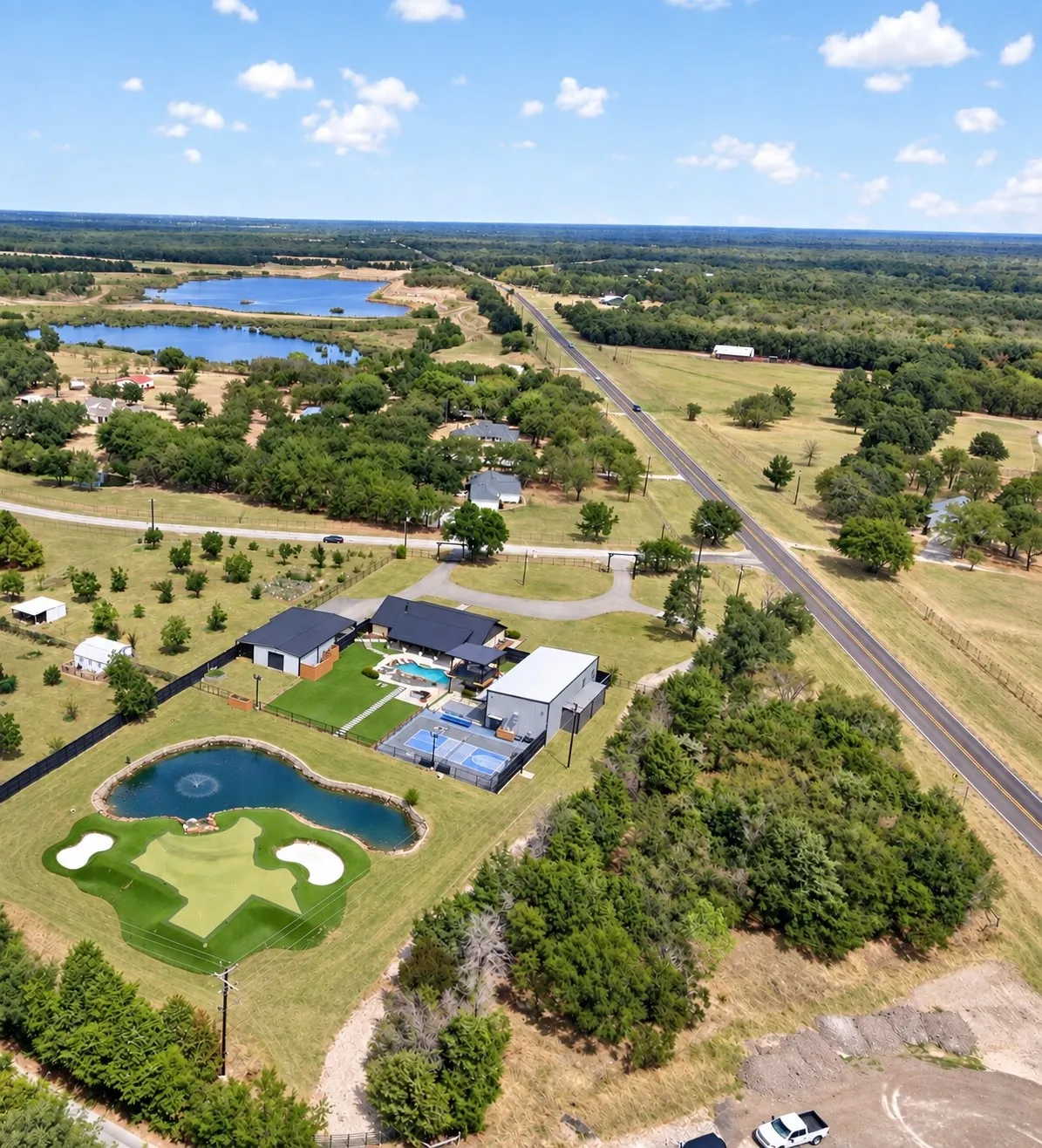 Aerial view from the rear of the property with secondary rear gated entrance
