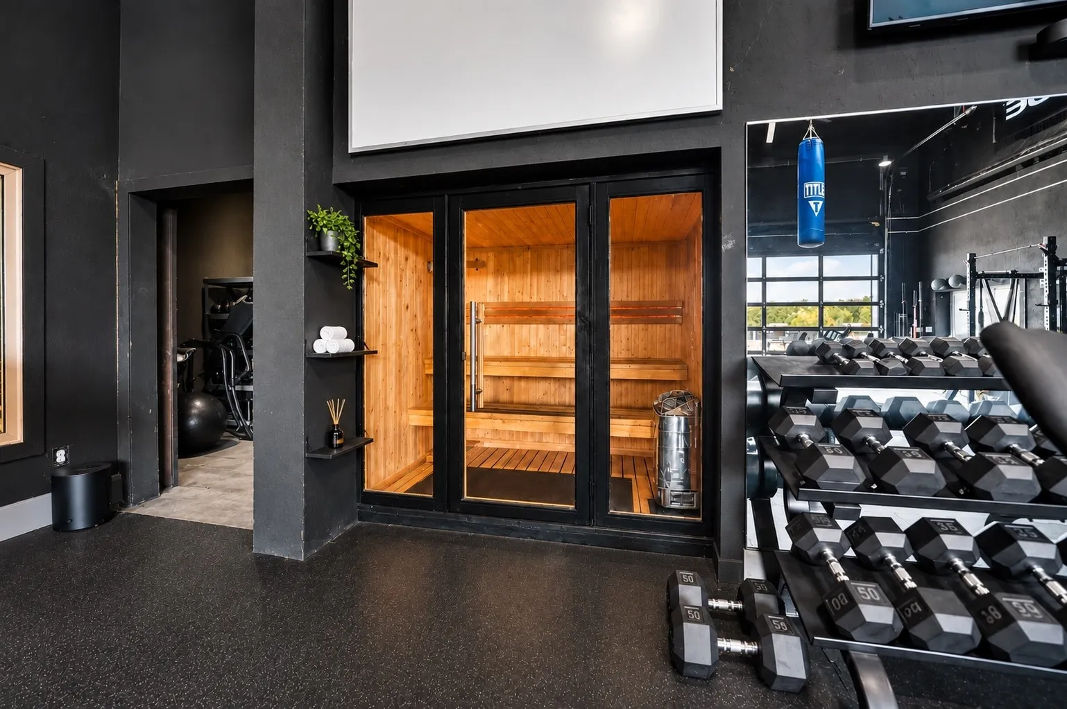 Dry and wet sauna built into gym