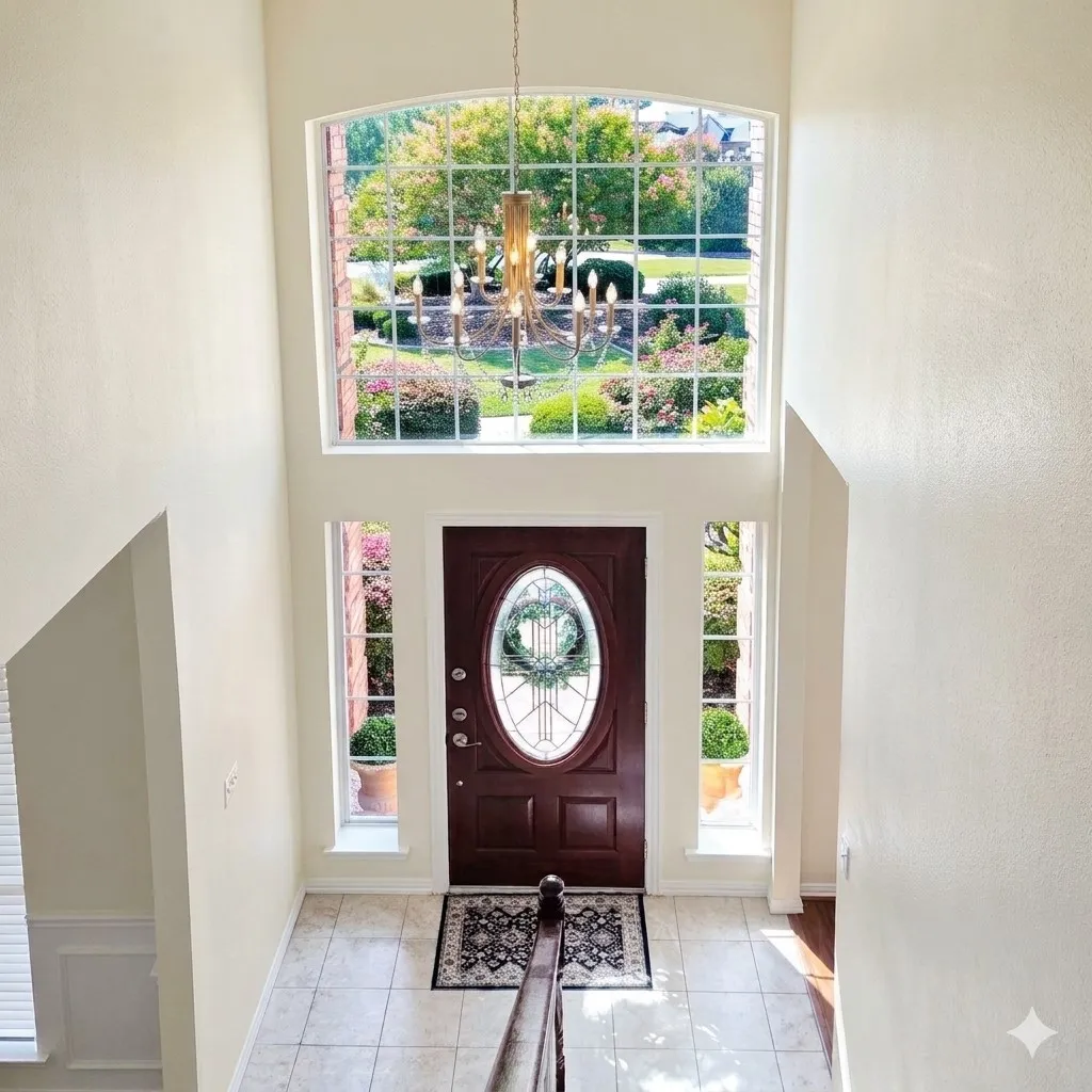 Grand Two-story Foyer features a tall arched window, new designer chandelier, a rich, dark wood entry door with gorgeous oval leaded glass and gleaming Crema Marafil Marble floors
