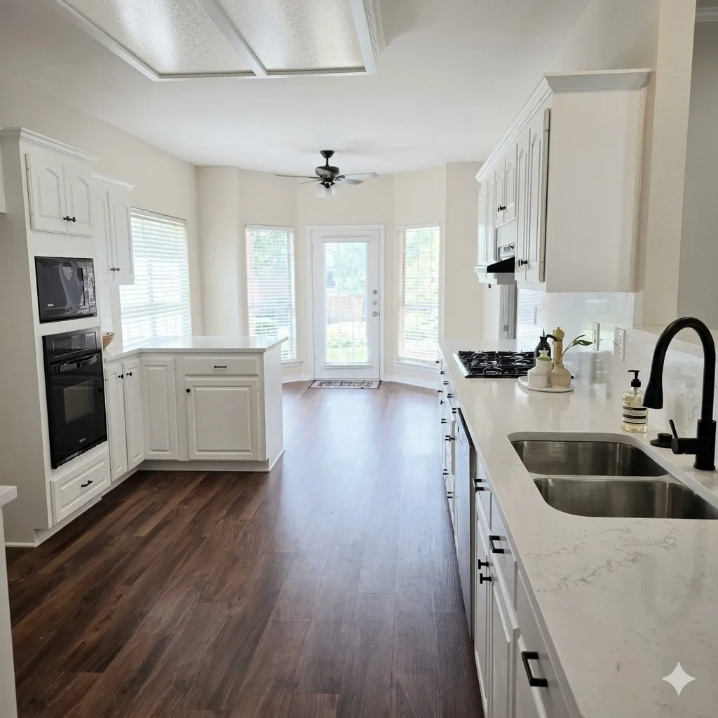 White cabinetry and countertops, wood-finish flooring, built-in appliances, and a double basin sink with a matte black faucet