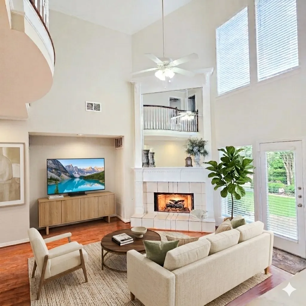 Family room features 2-story  ceiling, a media alcove, gas logs in the fireplace with a raised marble tiled hearth and surround plus a large builtin mirror. You can also catch a glimpse of the upper level serpentine balcony. Please note: This living room photo has been virtually staged