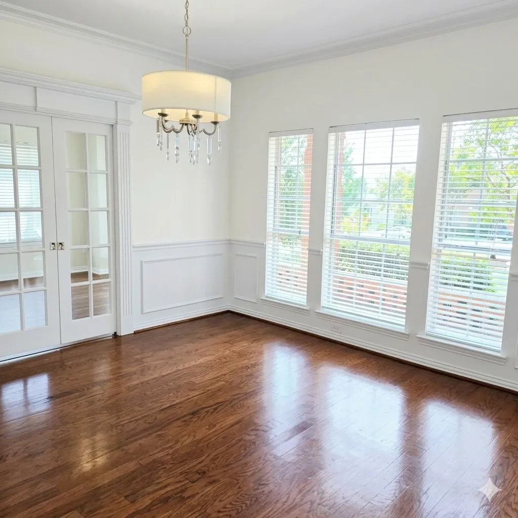 French pocket doors lead to the kitchen, while rich wood floors, wainscoting, crown molding and decorative ceiling scroll accents in the corners showcase how custom this home really is and the designer drum chandelier is the cherry on top here!