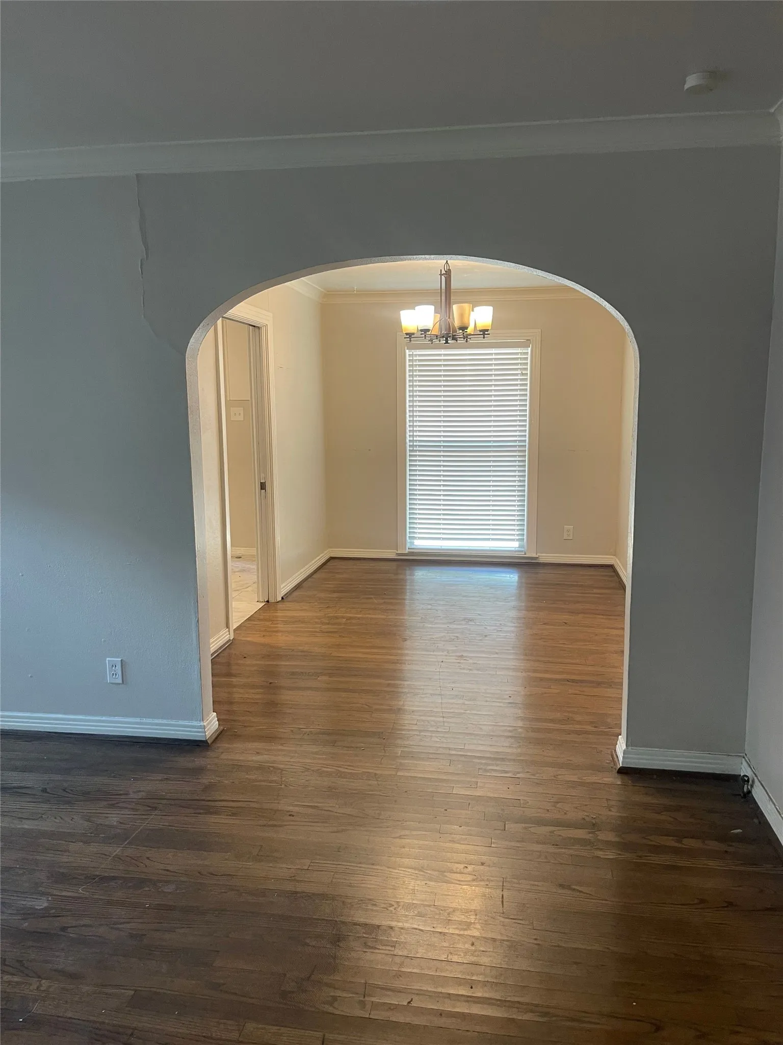 Archway entry, wood-finish flooring, ceiling-mounted chandelier, window with horizontal blinds, crown molding