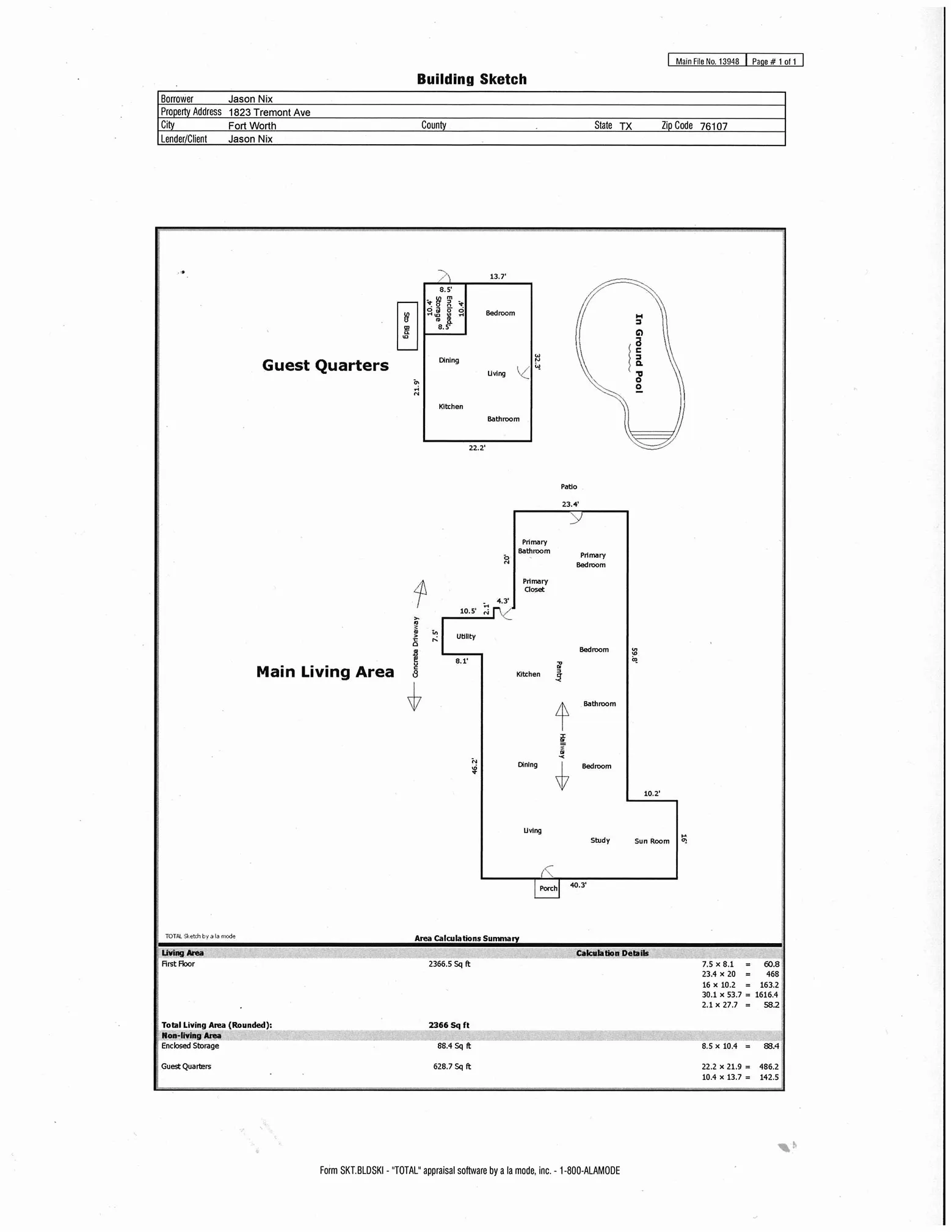 Square Footage as recently measured by appraiser.  Don't miss the additional square footage of the guest house at left of pool.
