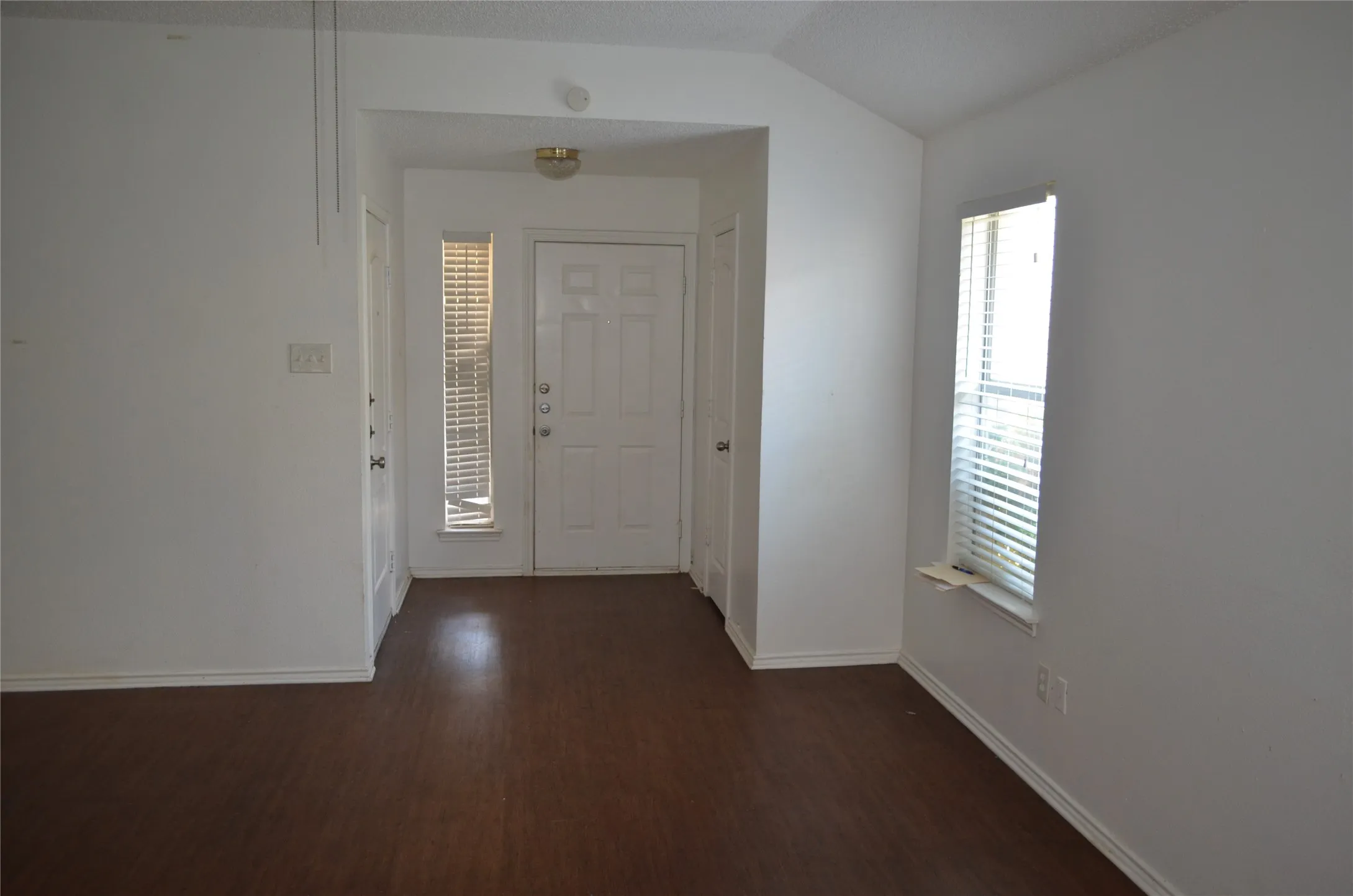 Wood-finish flooring, white paneled door, and a vertical window with blinds