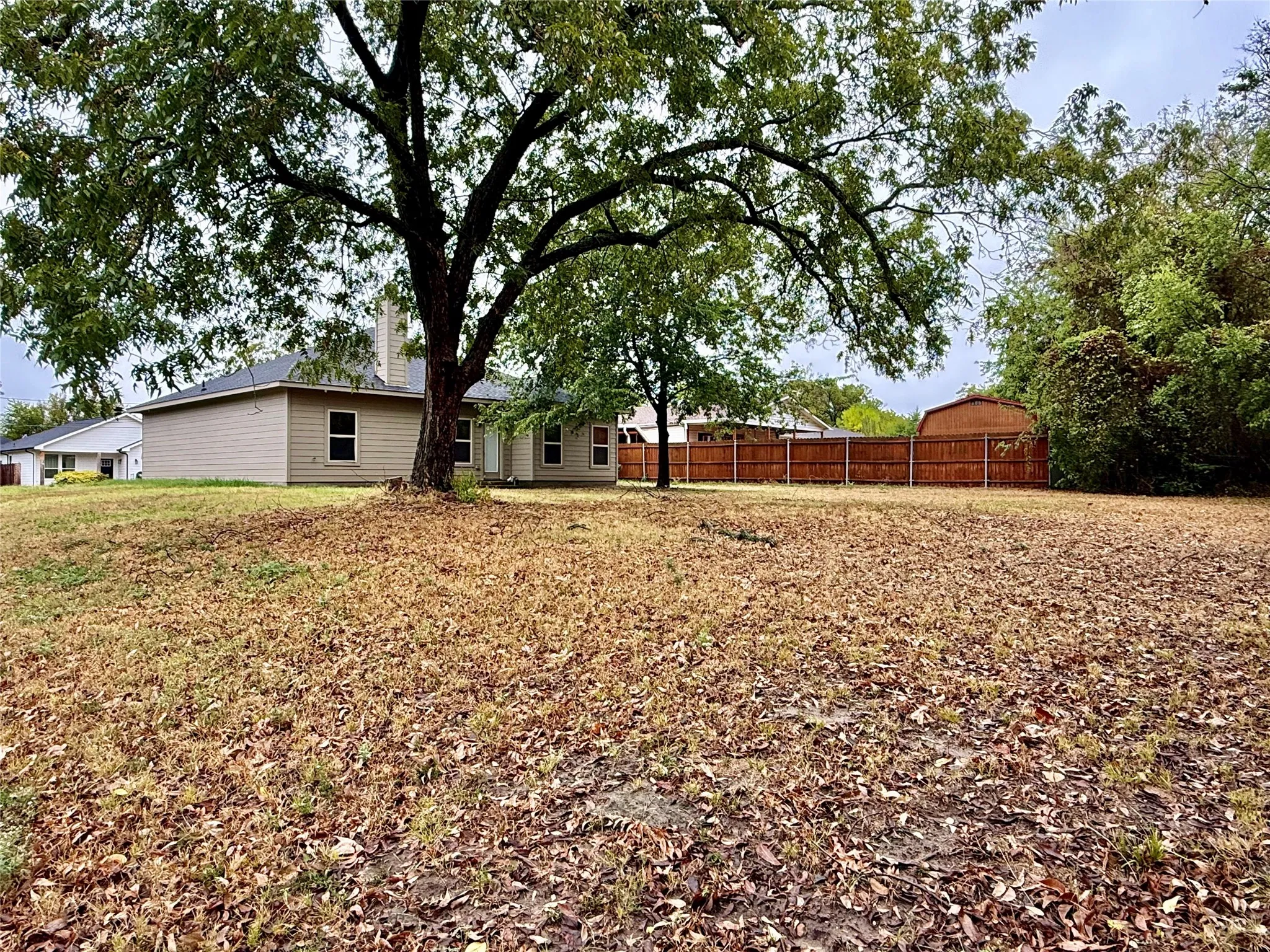 Expansive backyard with a mature tree, privacy fencing, and a detached structure