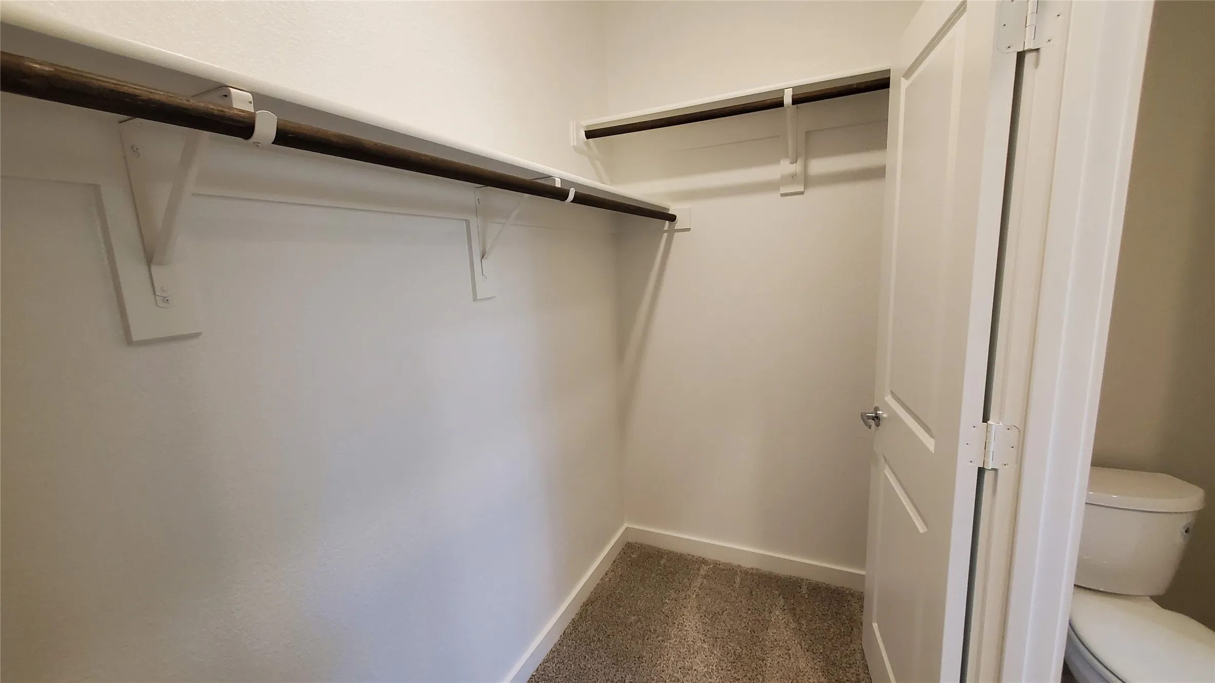 Carpeted closet with dual-level hanging rods and shelving