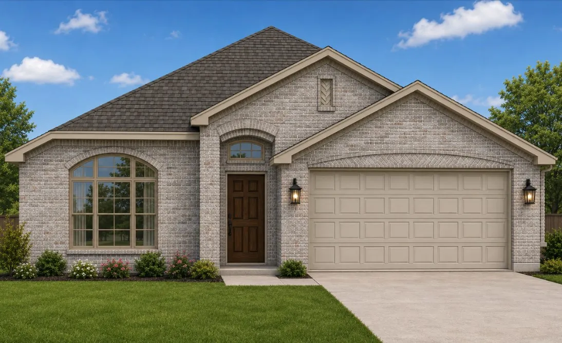 Gray brick exterior with a dark shingle roof, arched windows, and a panel-style garage door