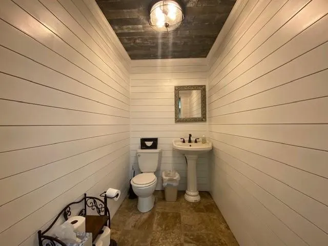 Bathroom with toilet, wooden walls, and sink