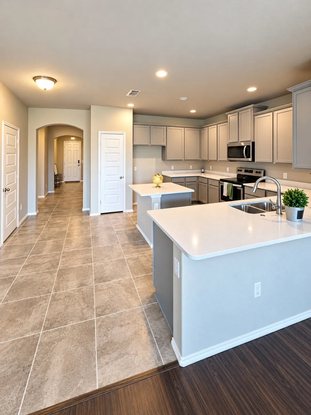 Kitchen featuring light grey cabinetry, stainless steel appliances, white countertops, and two center islands