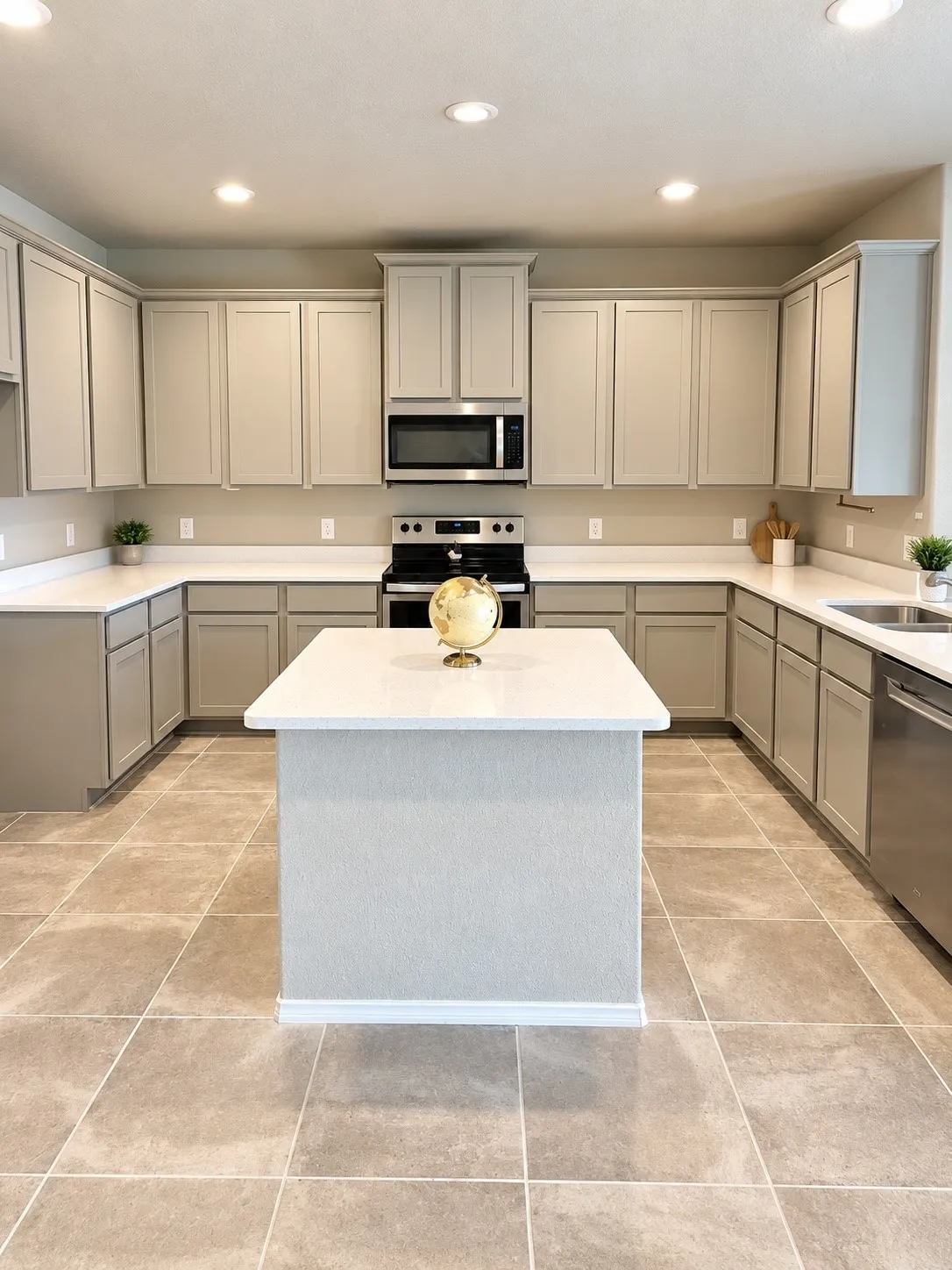 Contemporary kitchen featuring an expansive island, U-shaped cabinetry with upper and lower storage, recessed ceiling lighting, a stainless steel microwave, and tile flooring