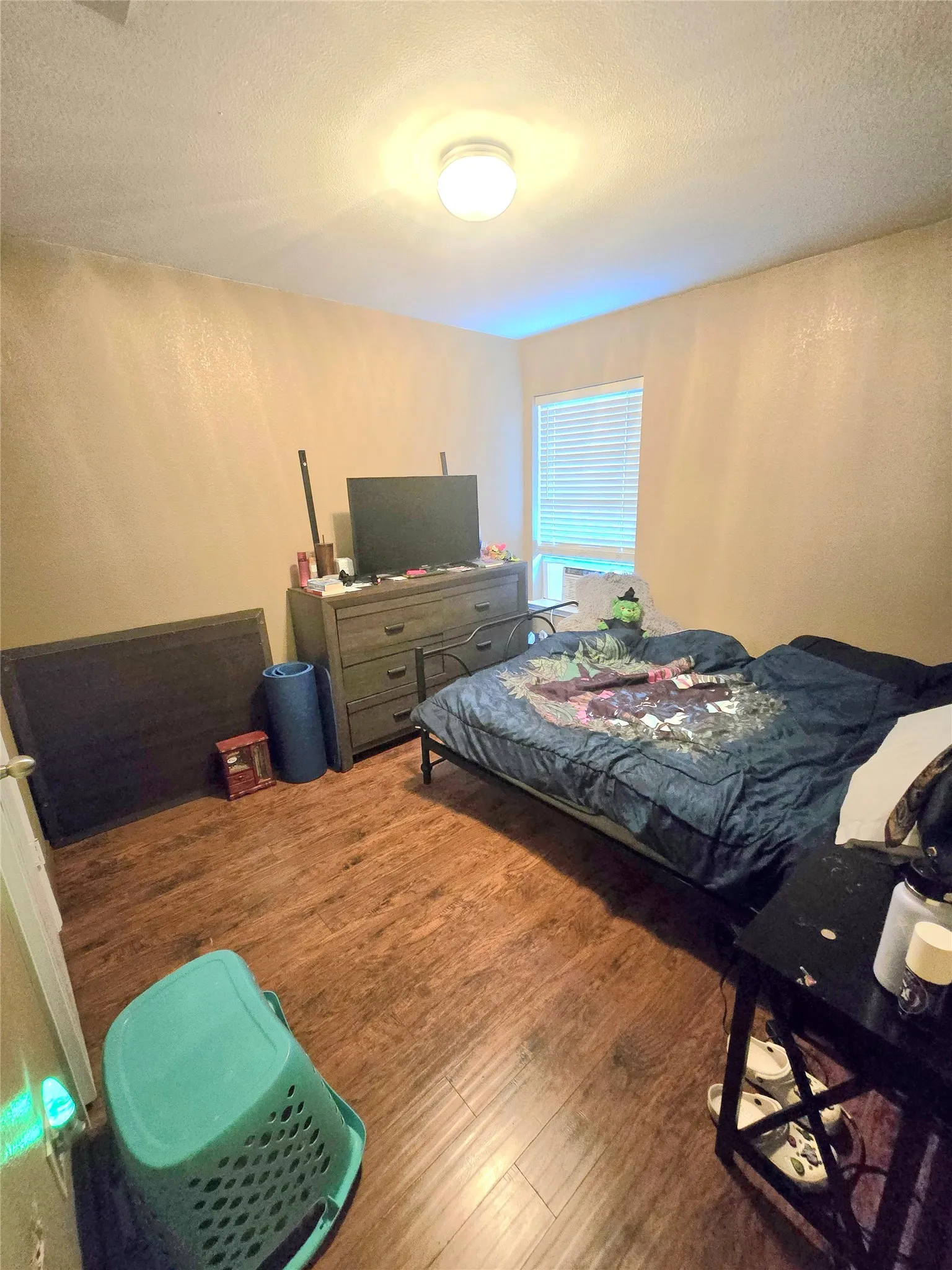 Wood-finish flooring, single window with blinds, ceiling-mounted light fixture