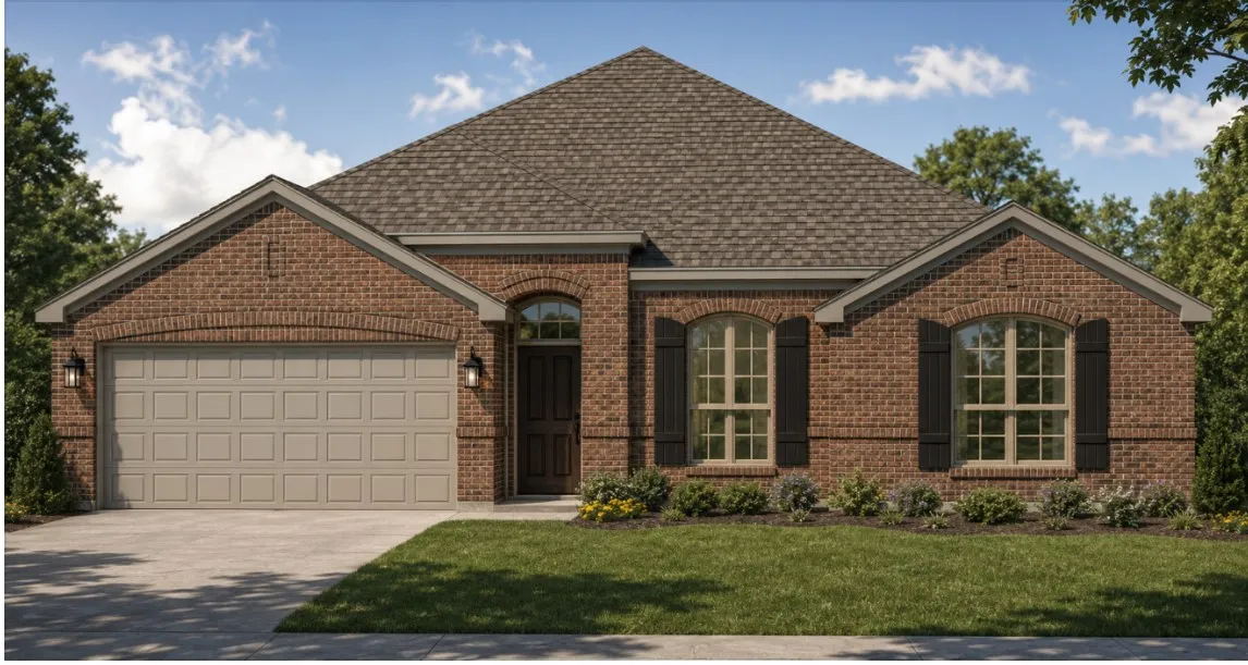 Brick exterior with gabled roof lines, featuring a paneled garage door and arched entryways
