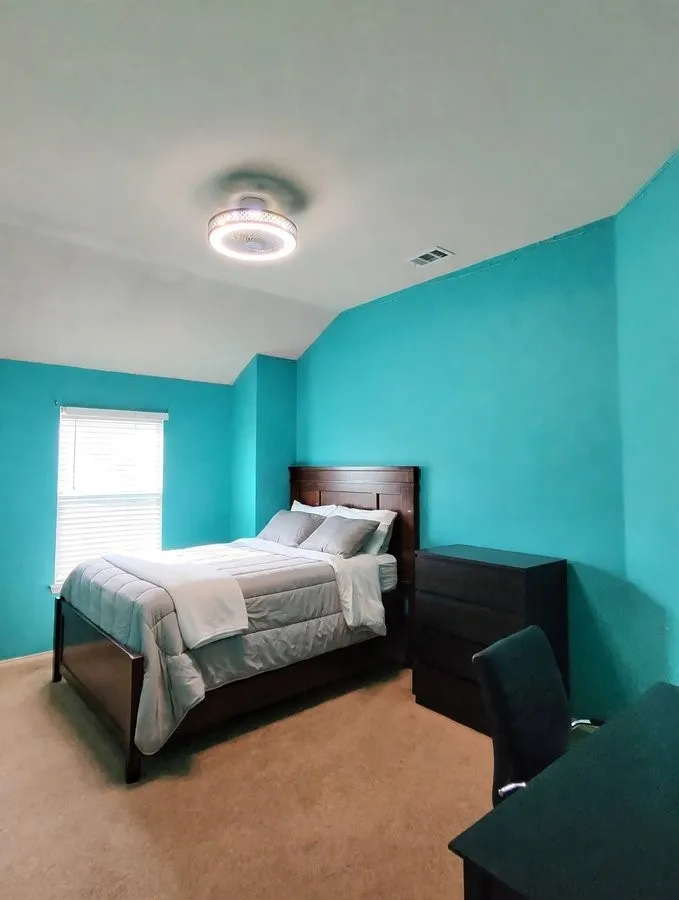 Vaulted ceiling with a flush-mount light fixture, window with horizontal blinds, and carpeted flooring