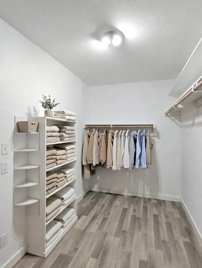 Walk-in closet featuring wood-finish flooring, built-in shelving, clothing rods, and recessed lighting