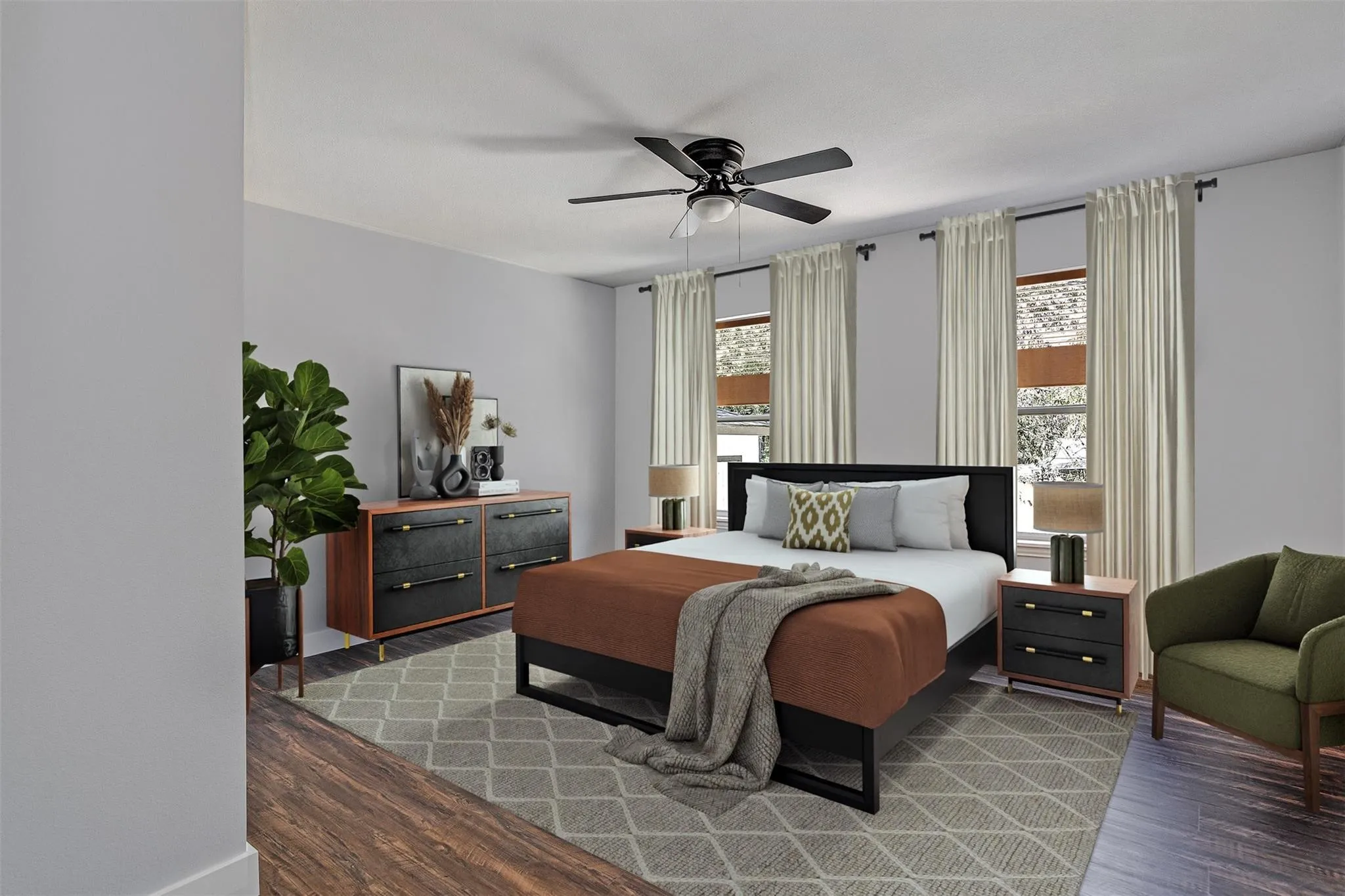 Recessed lighting, wood-finish flooring, ceiling fan, multiple windows with roller shades, and light-toned wall finishes