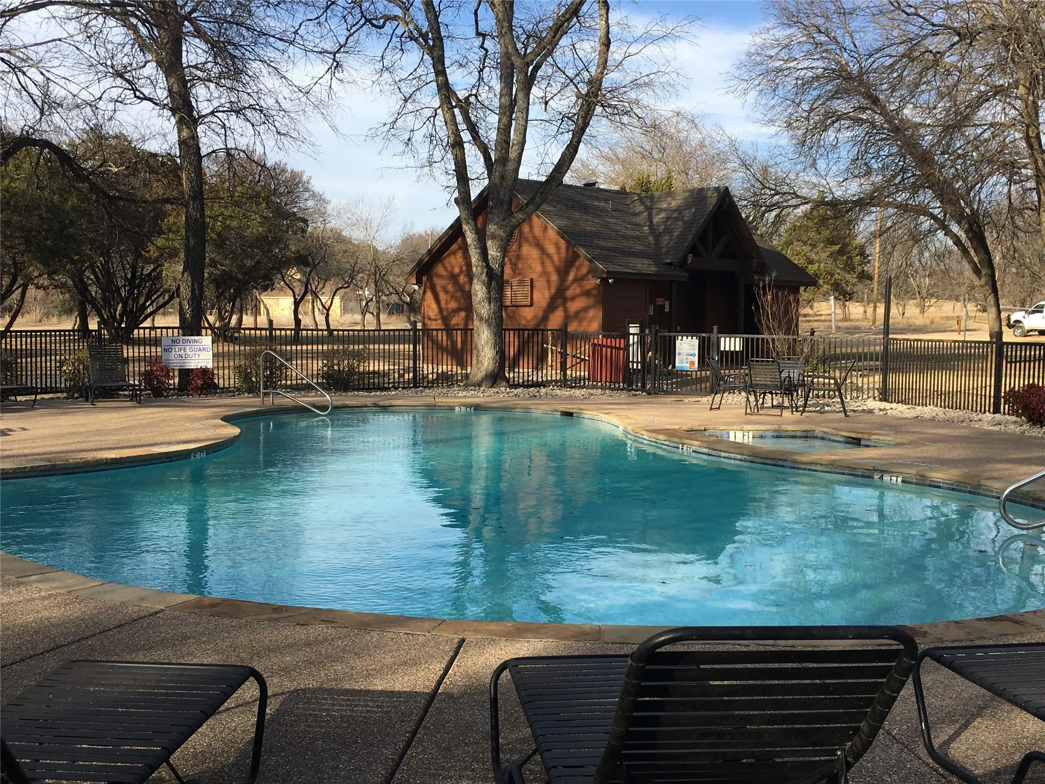 Freeform swimming pool with integrated spa, surrounded by a concrete deck and black metal fencing