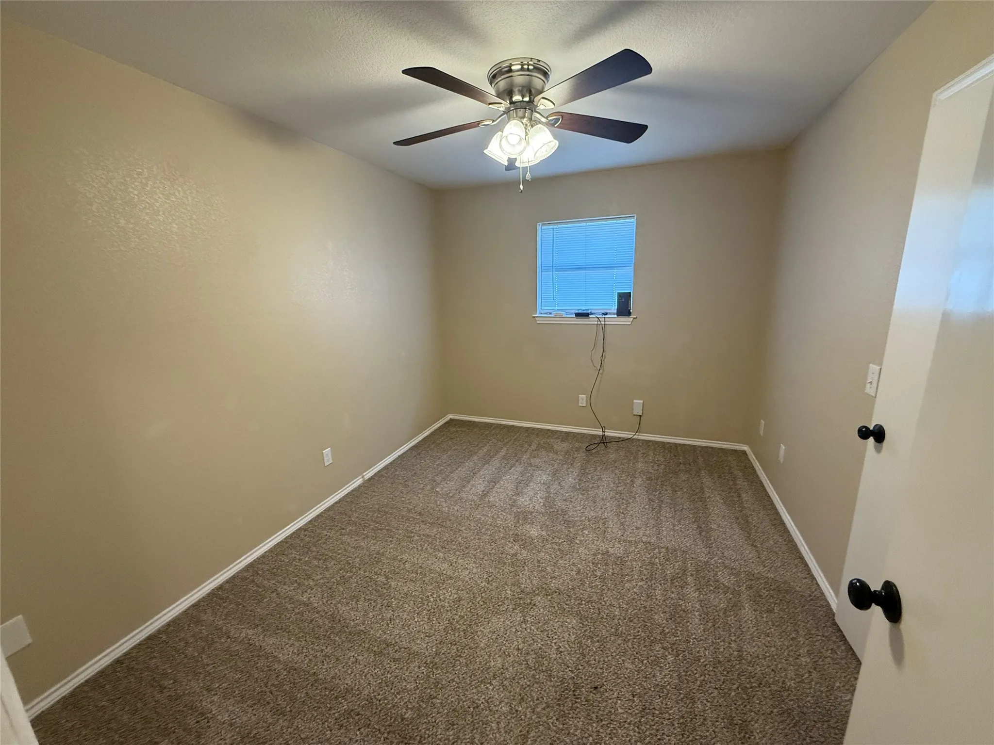 Neutral-toned walls complement the textured carpeting