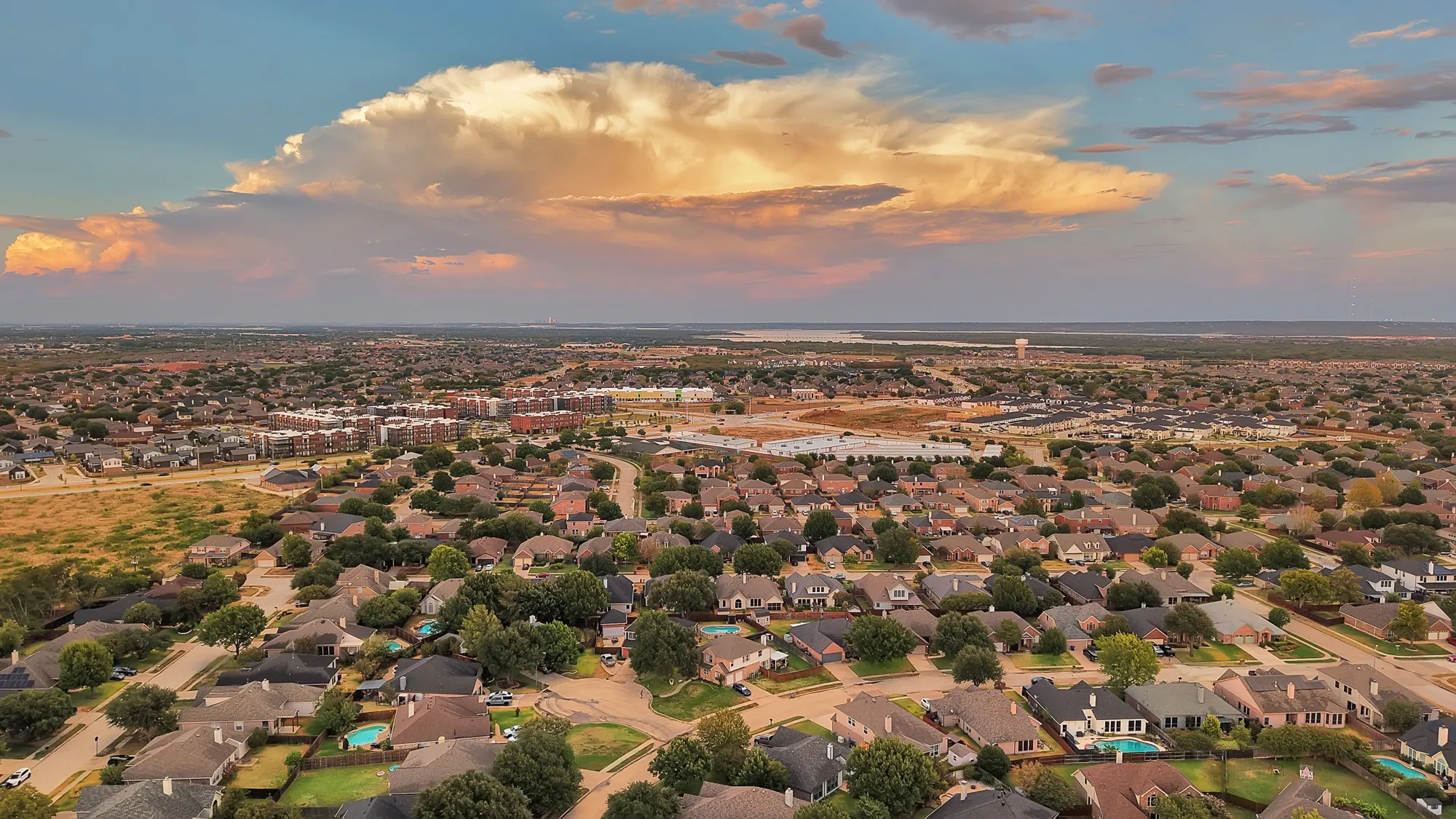 Expansive residential area with numerous single-story properties and mature landscaping