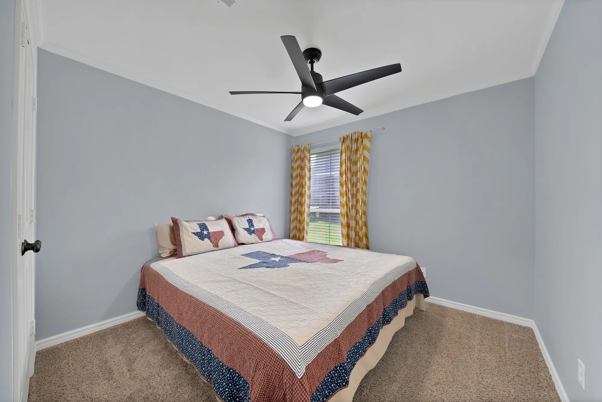 Carpeted room featuring a ceiling fan with integrated lighting, a window with blinds, and light blue wall finishes
