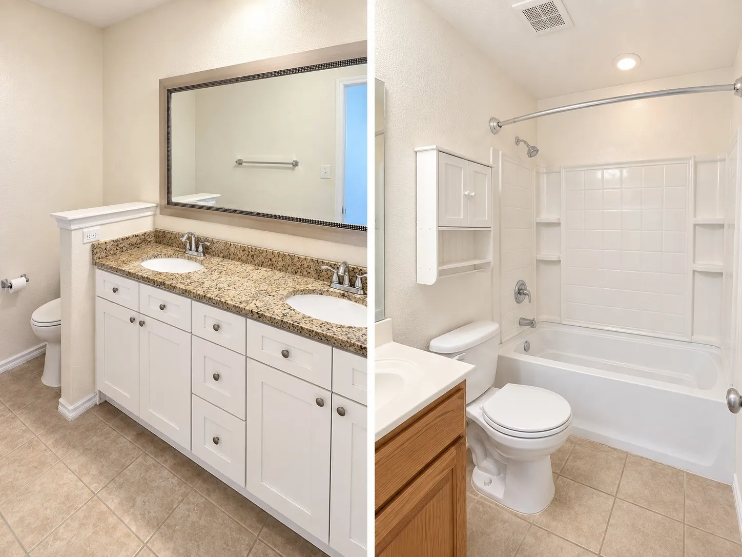 Dual sink vanity with a granite-style countertop, white cabinetry, and framed mirror