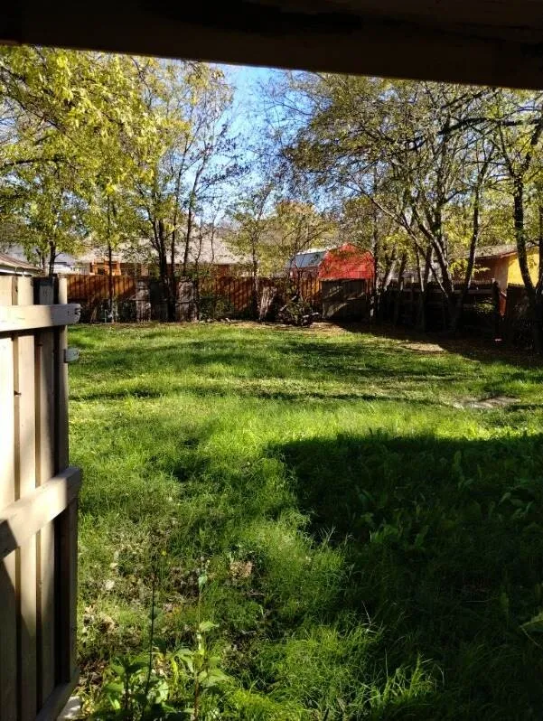Expansive grassy yard with mature trees and wood fencing