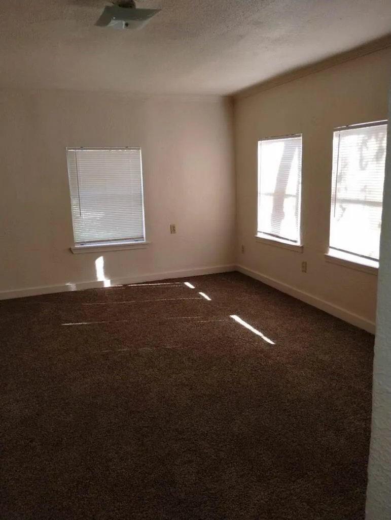 Wall-to-wall carpeting, multiple windows, and a flush mount light fixture