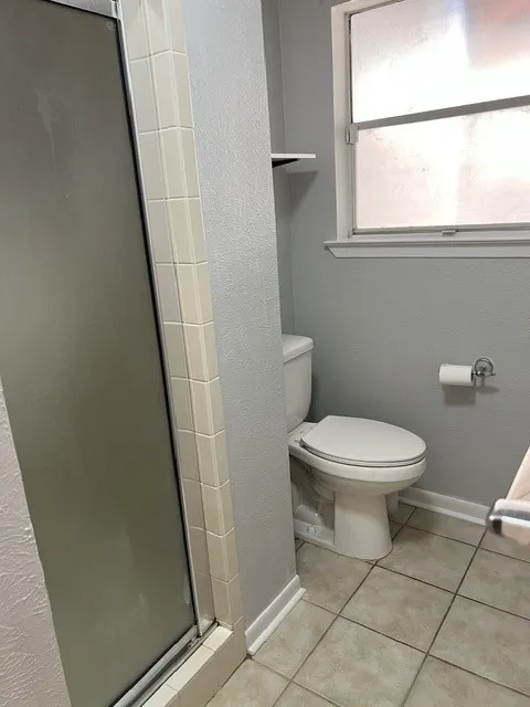 Frosted glass shower enclosure, ceramic tile flooring, built-in wall shelf, and a frosted glass window