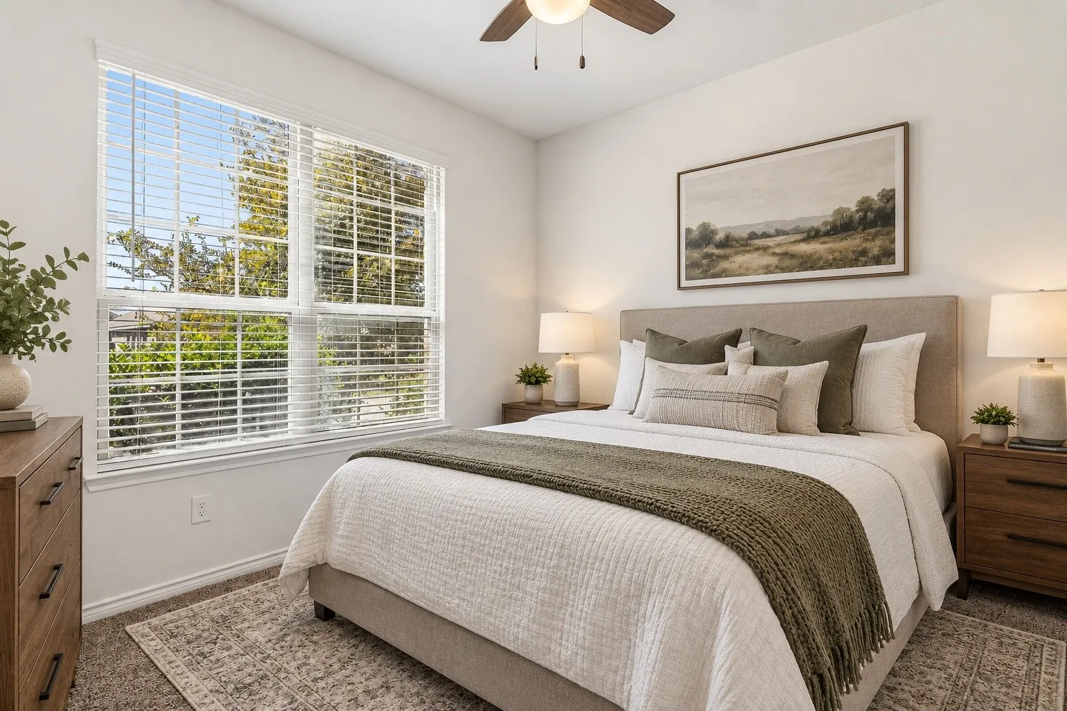 Double window with horizontal blinds, carpeted flooring, and a ceiling fan with integrated lighting