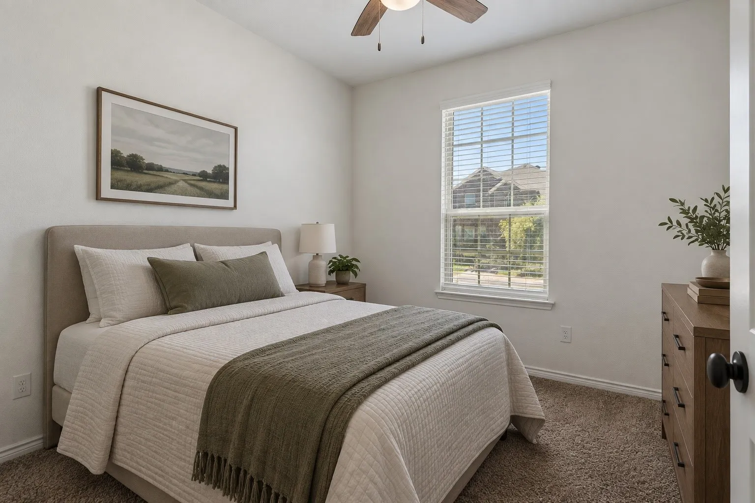 Carpeted flooring, a window with horizontal blinds, and a ceiling fan with wood-finish blades