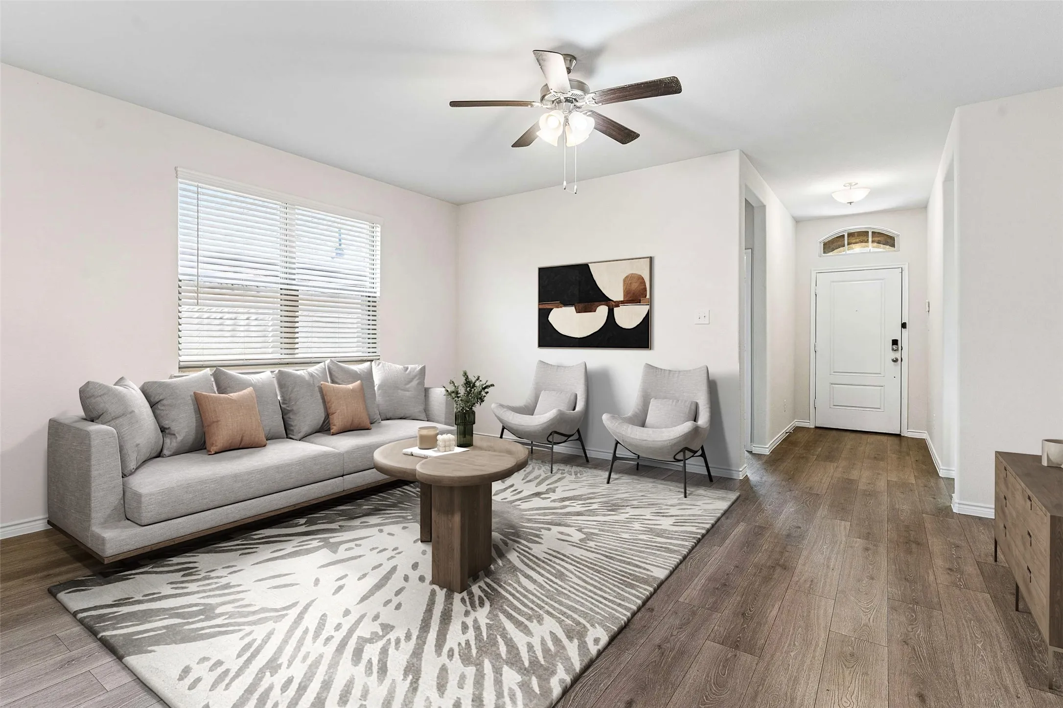 Recessed lighting, wood-finish flooring, ceiling fan, transom window, and window blinds