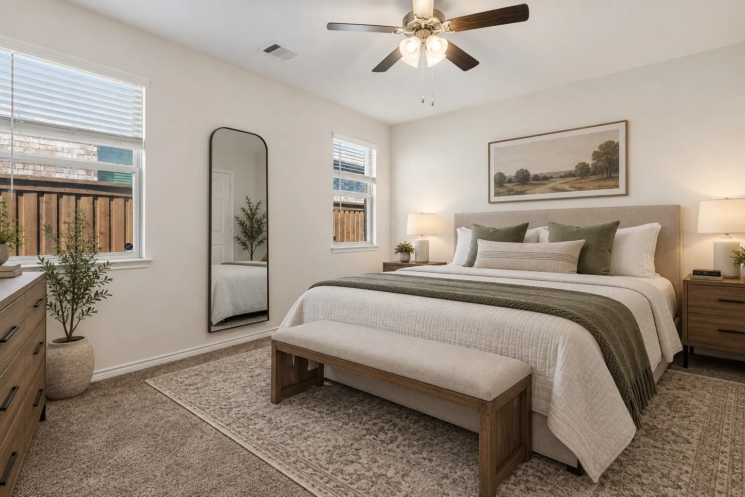 Recessed lighting, ceiling fan, carpet flooring, multiple windows, and a built-in privacy fence