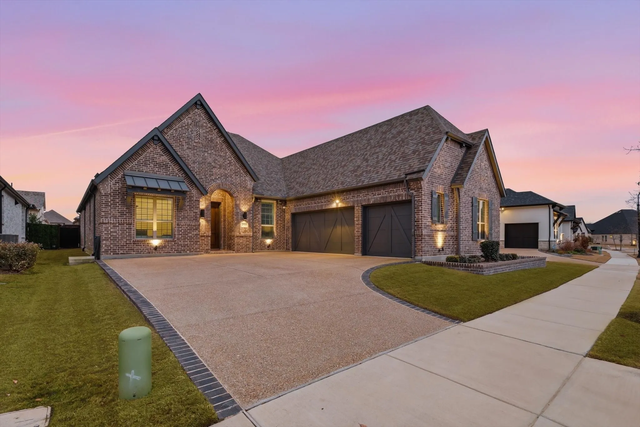 Brick exterior with gabled roof lines