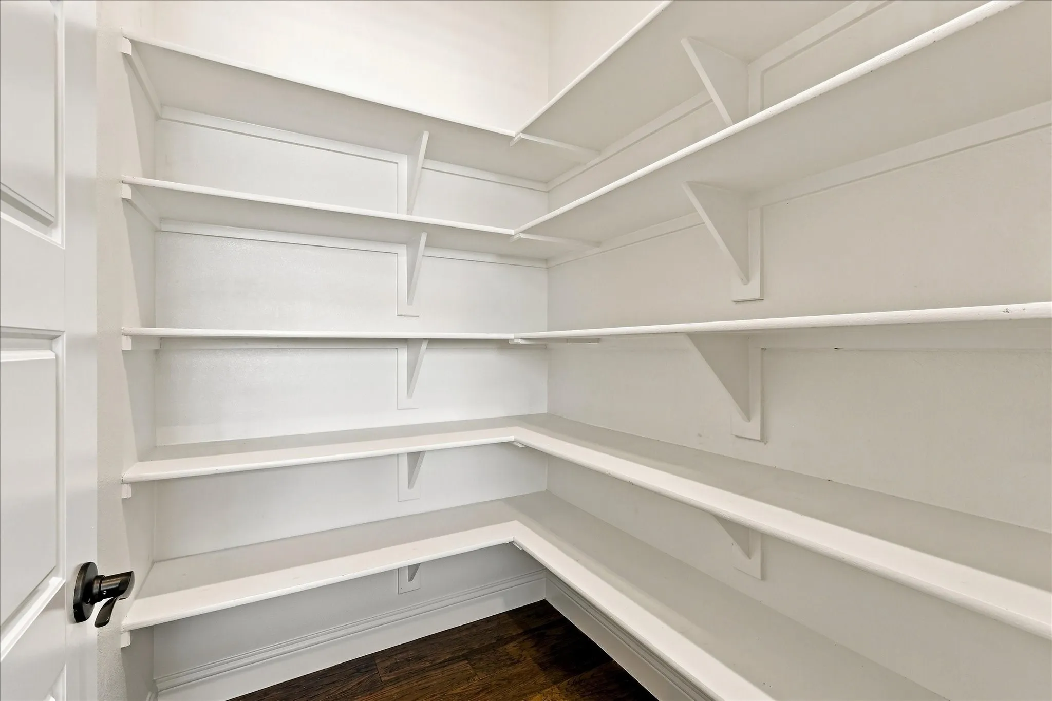 Built-in shelving, dark wood-finish flooring, and white paneled door with dark​​‌​​​​‌​​‌‌​‌‌​​​‌‌​‌​‌​‌​​​‌​​ hardware