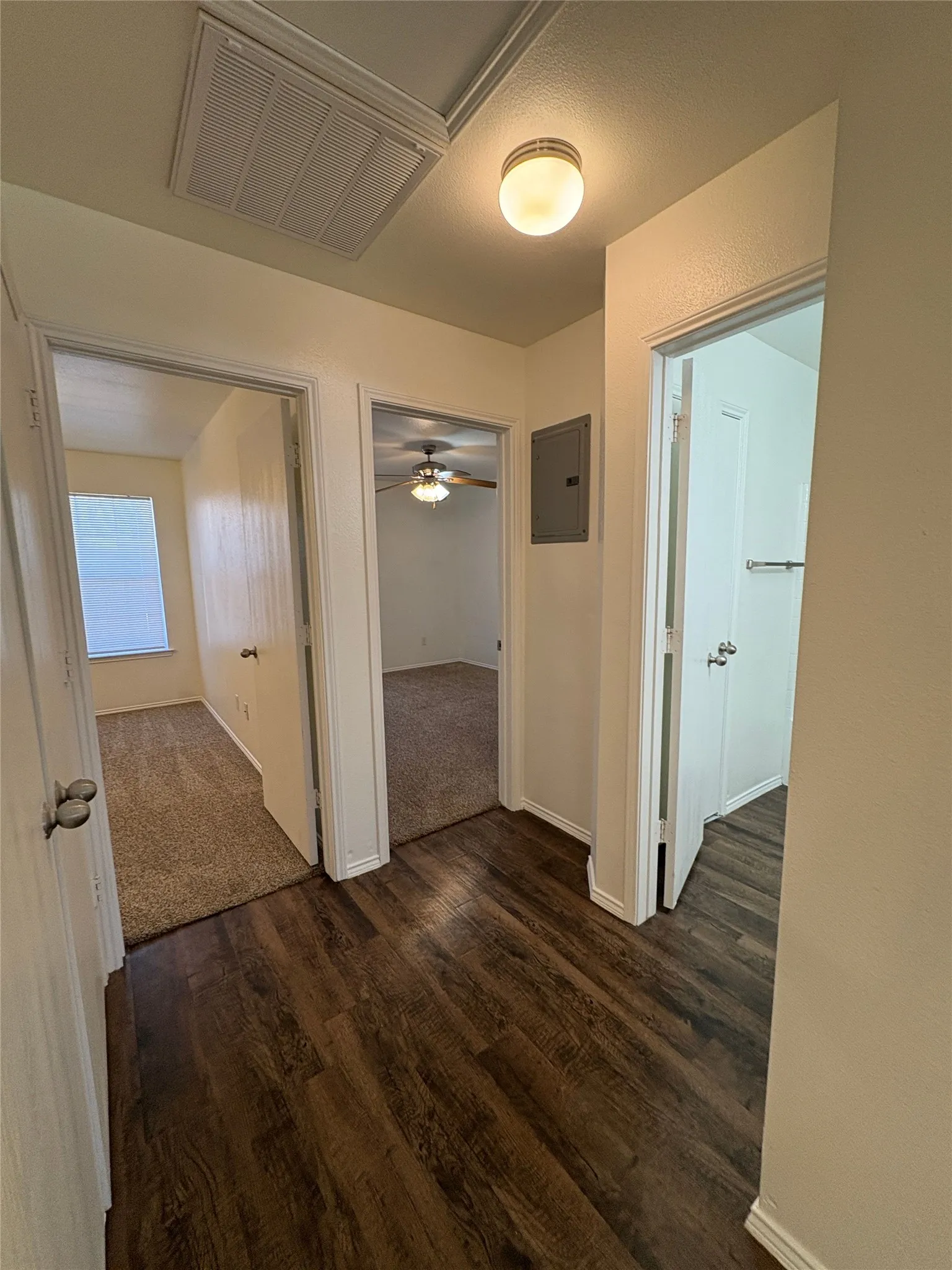 Wood-finish flooring throughout the hallway