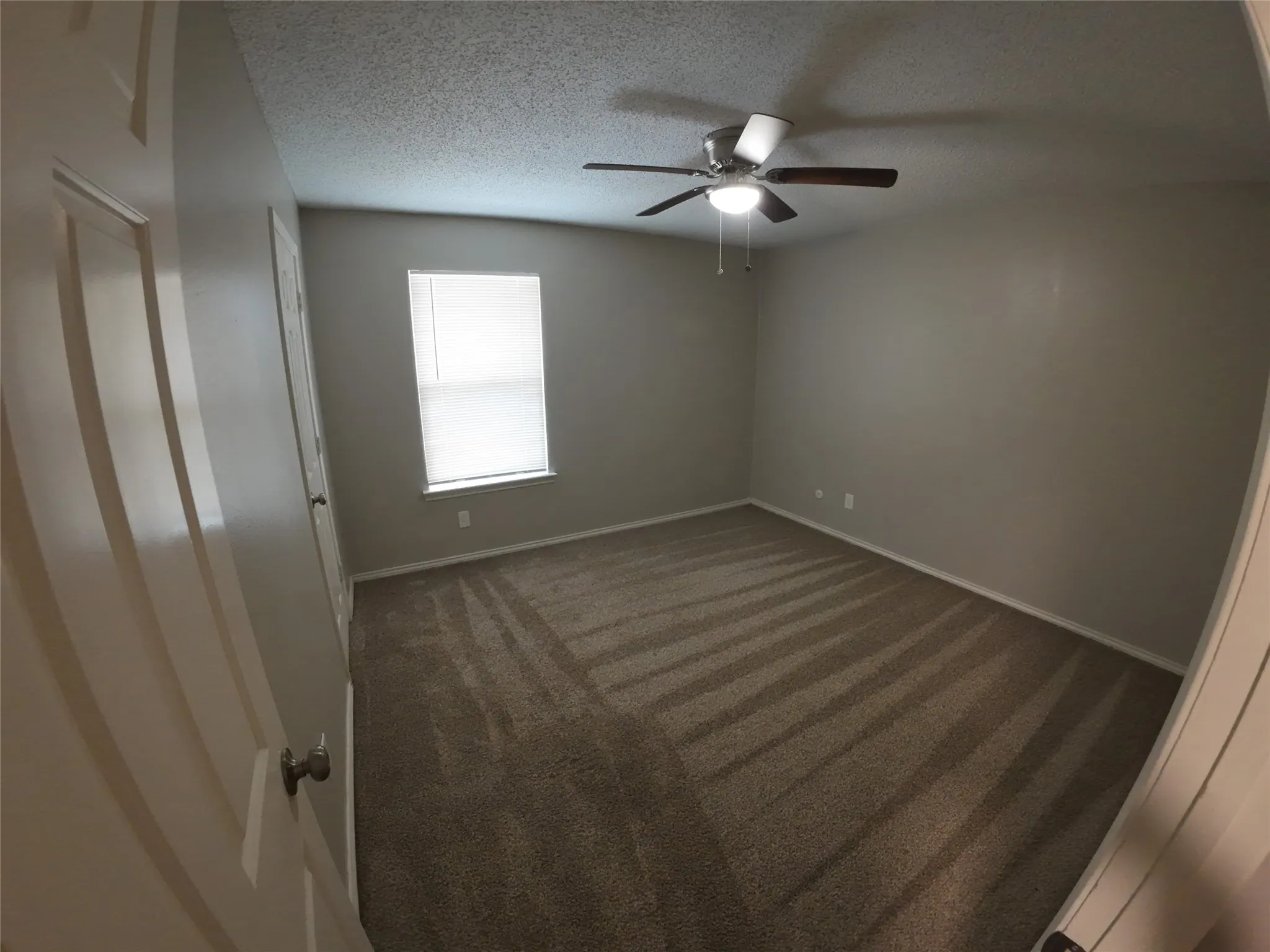 Recessed window with blinds, ceiling fan with integrated lighting, and carpeted flooring