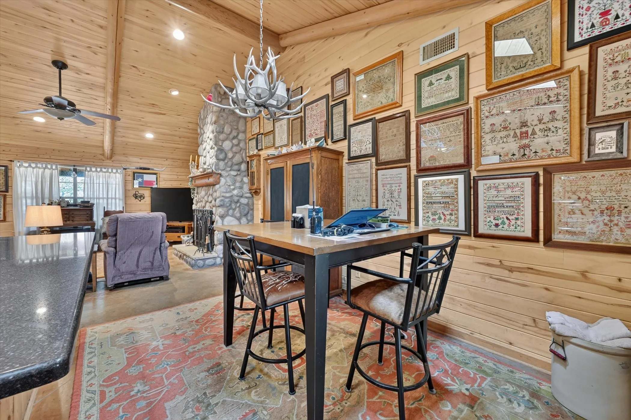 Vaulted wood-paneled ceiling with exposed beams