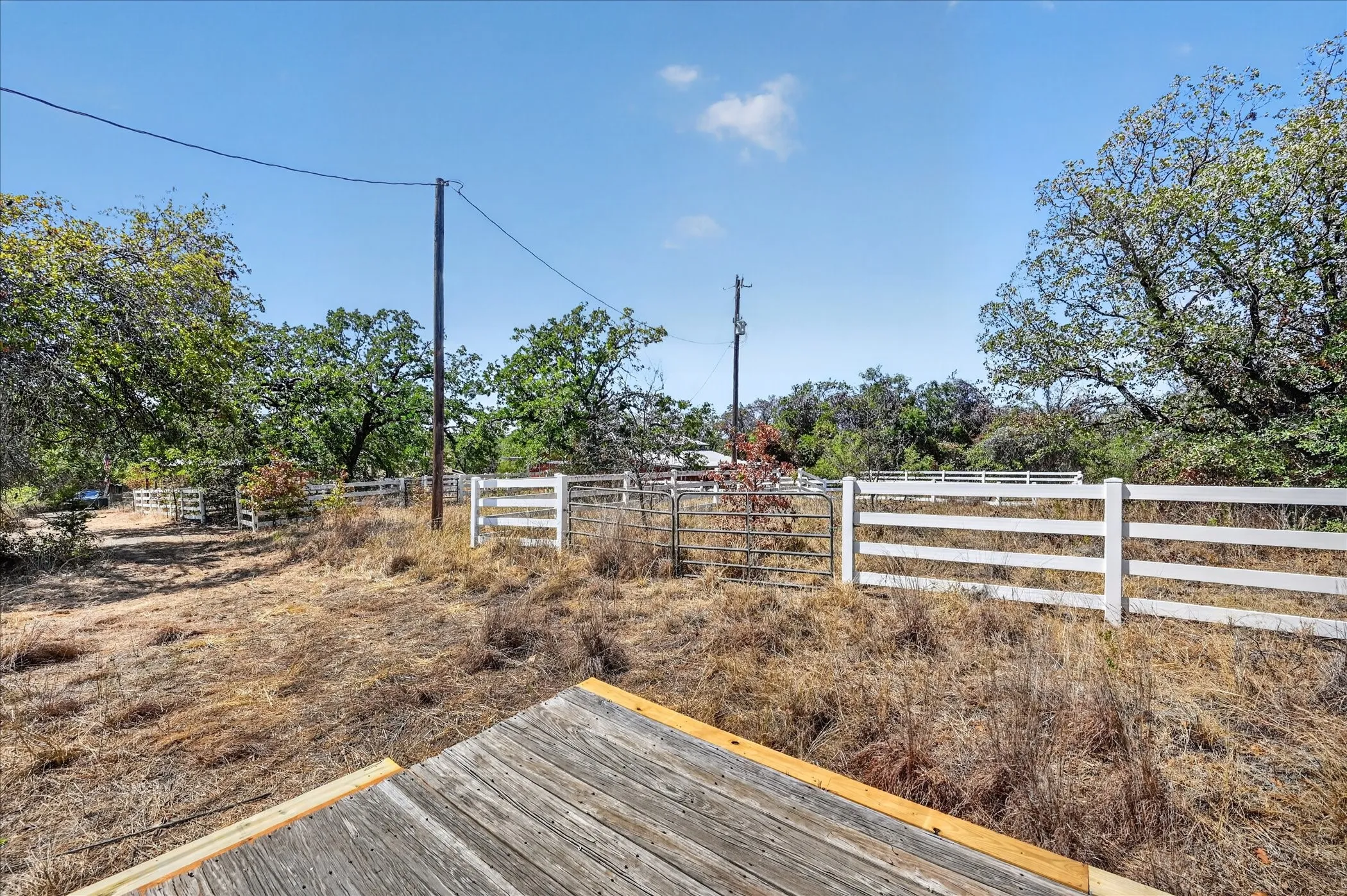 Fenced perimeter with multiple gates, mature trees, and a clear sky backdrop