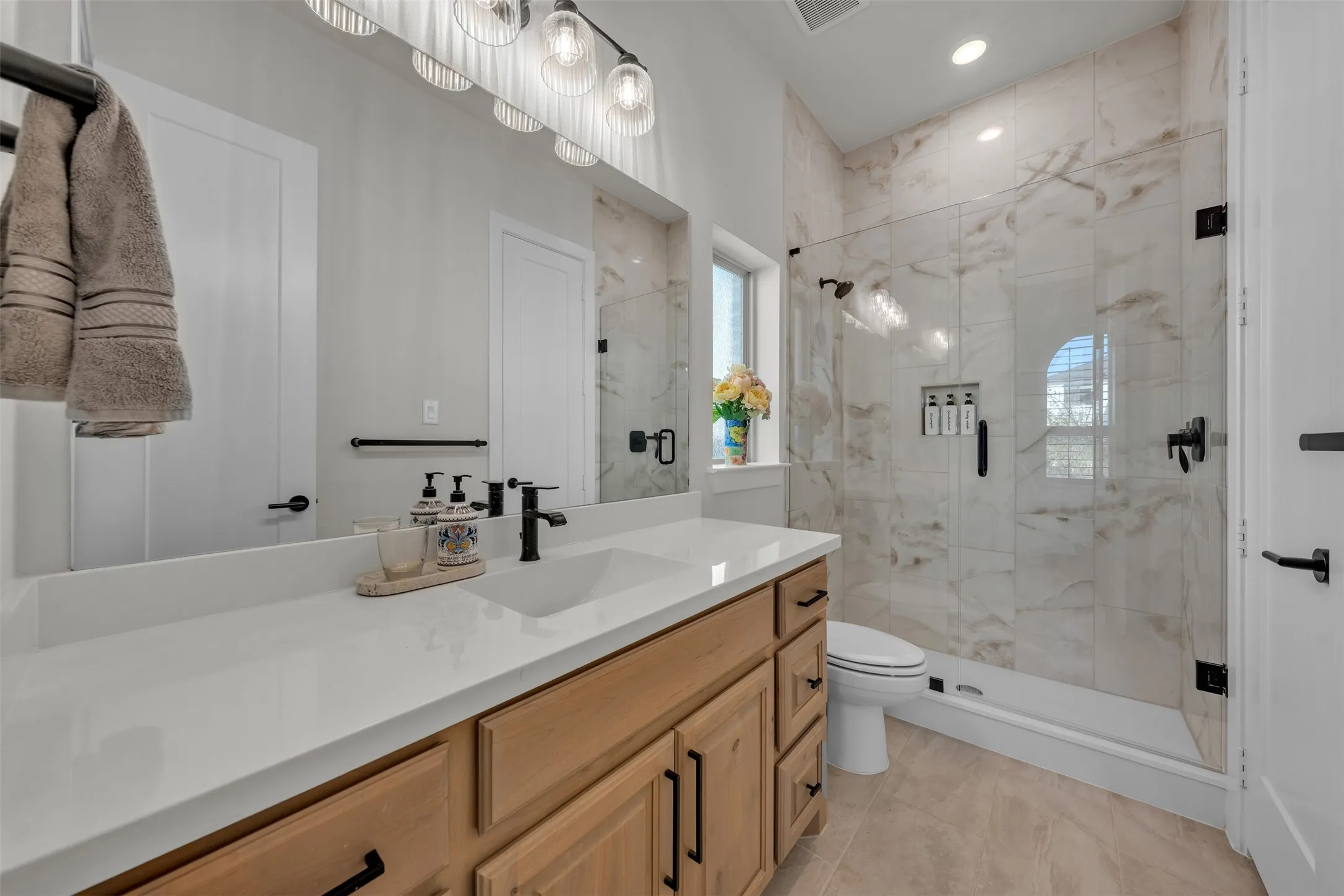 Secondary Ensuite Bath Shower, Tile to Ceiling.