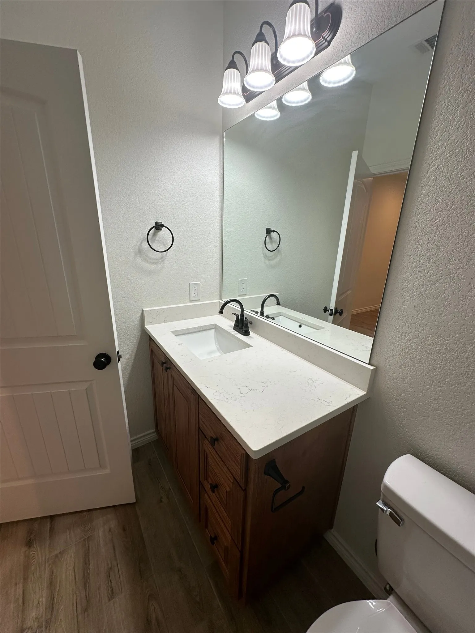 Wood-finish flooring, a wood vanity with a white countertop, an integrated sink, and a large wall-mounted mirror