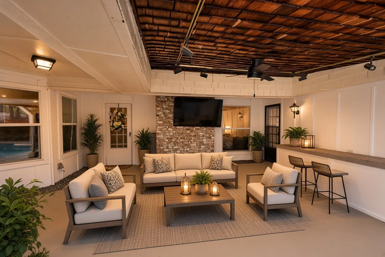 Used AI to furnish Covered patio.