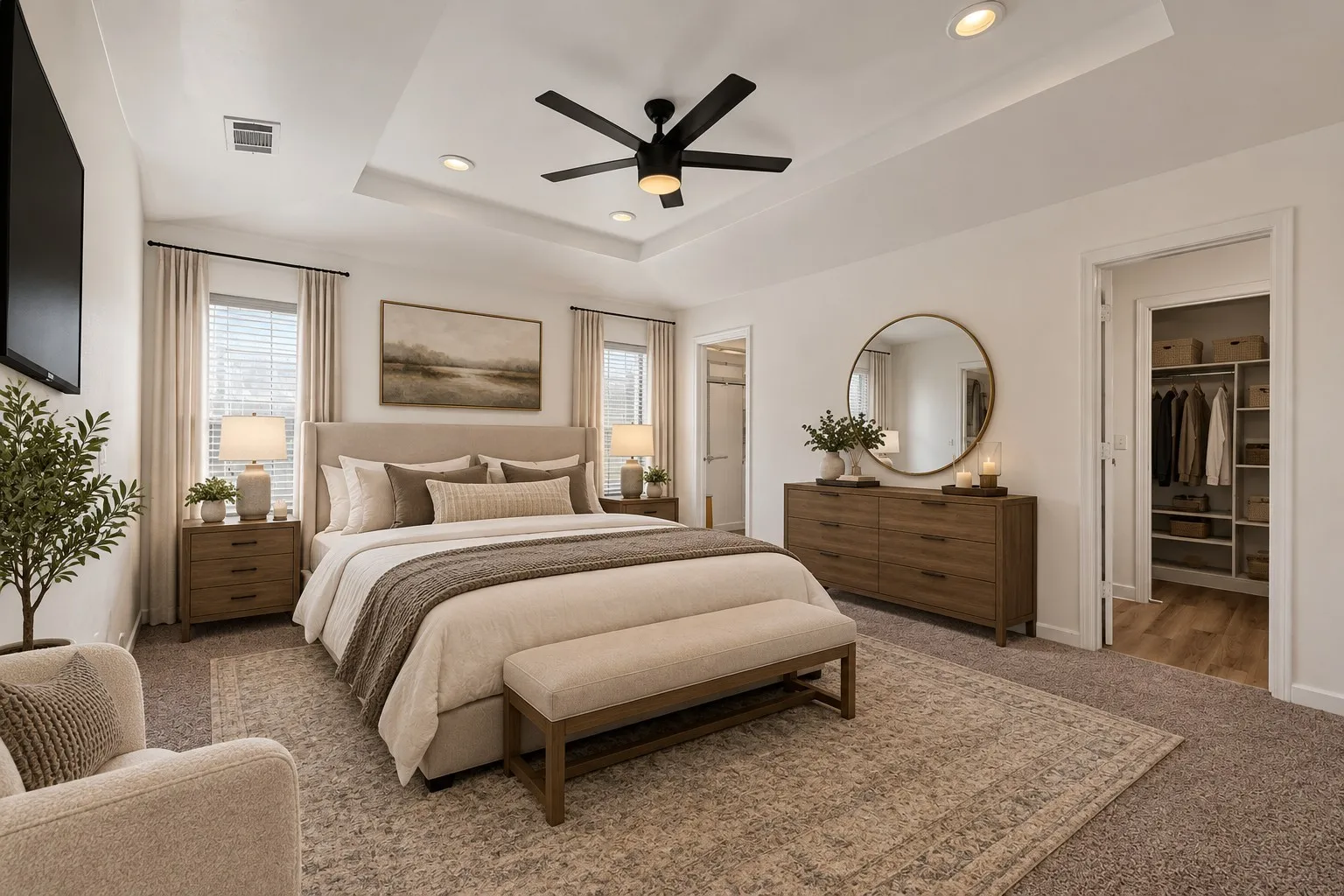 Used AI to furnish Master Bedroom. Master bedroom has two closets. One in the bedroom and another in the Master bath area.