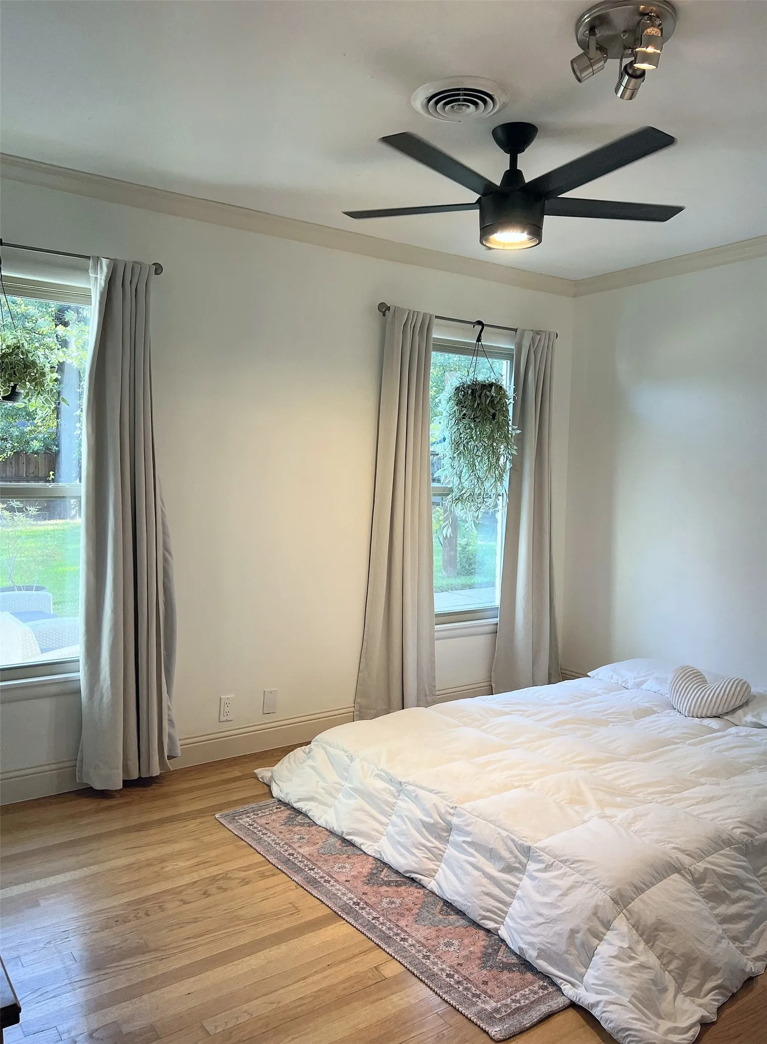 Hardwood flooring, crown molding, dual windows, and ceiling fan with integrated lighting