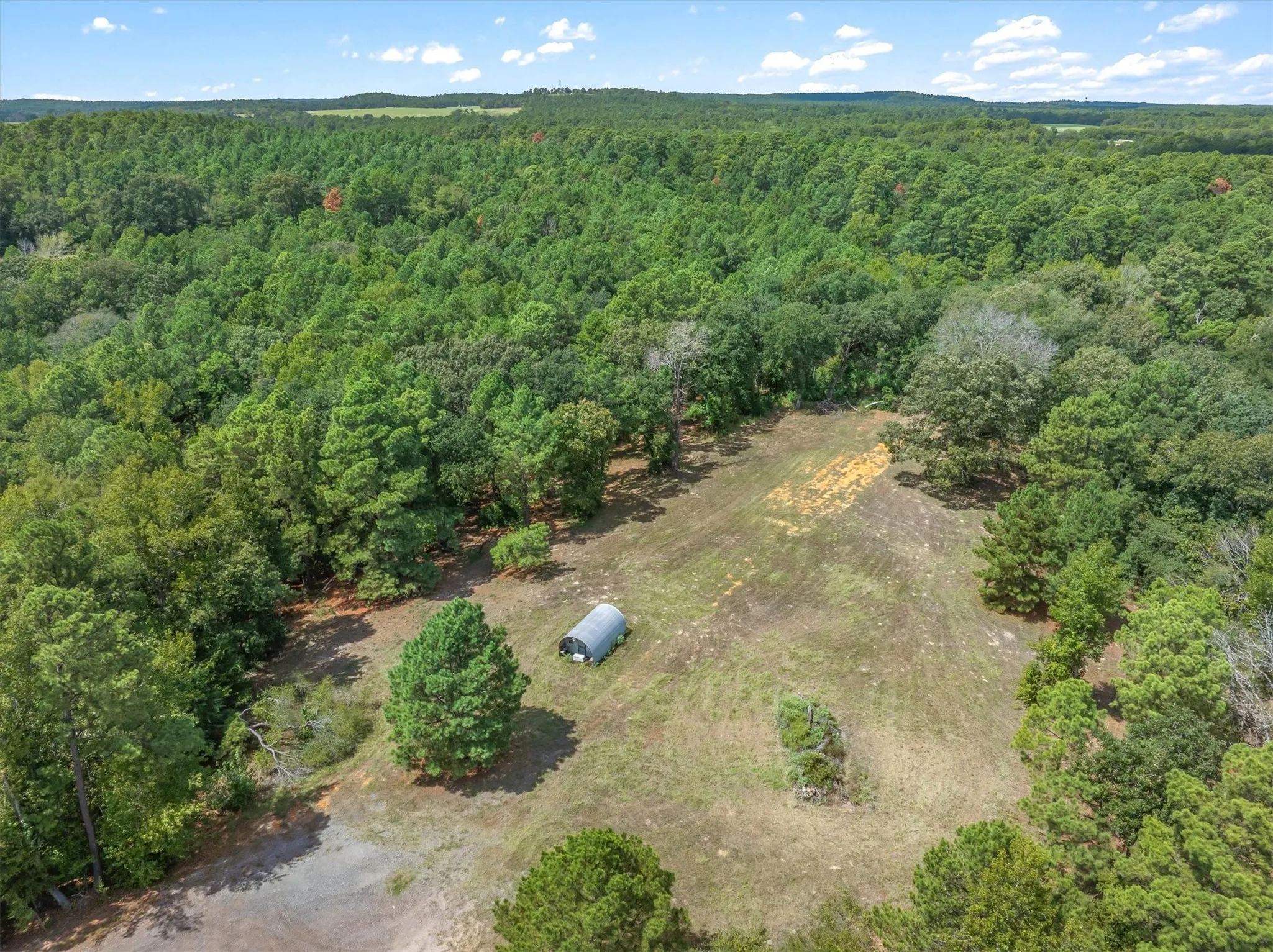 Expansive acreage surrounded by mature trees, featuring a cleared open area and a utility structure
