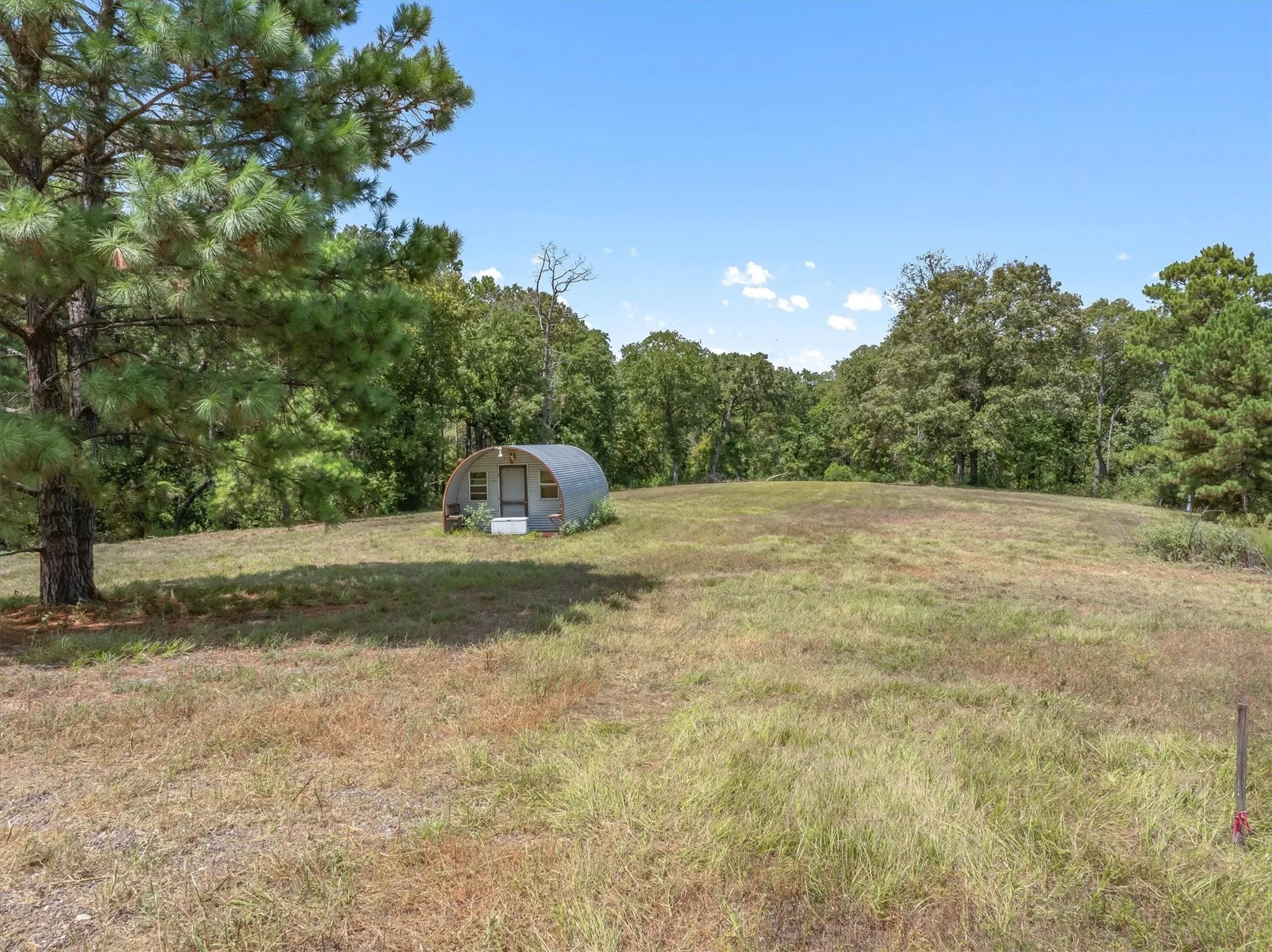 Expansive natural landscape with mature trees and a metal quonset hut structure