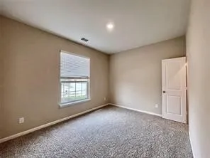 Neutral wall paint, textured carpeting, recessed ceiling lighting, and a white paneled door