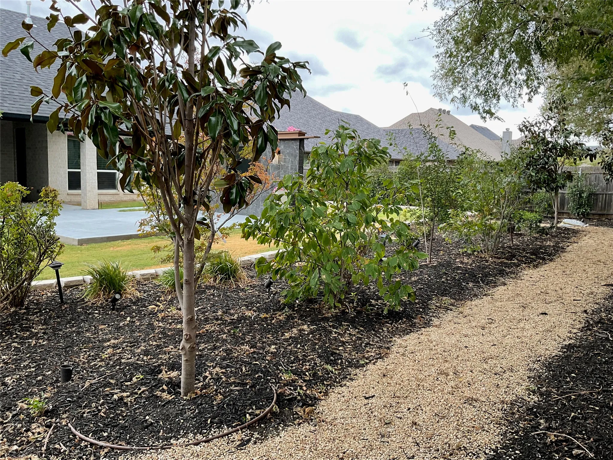 Landscaped garden path with crushed stone, mature plantings, and mulched beds