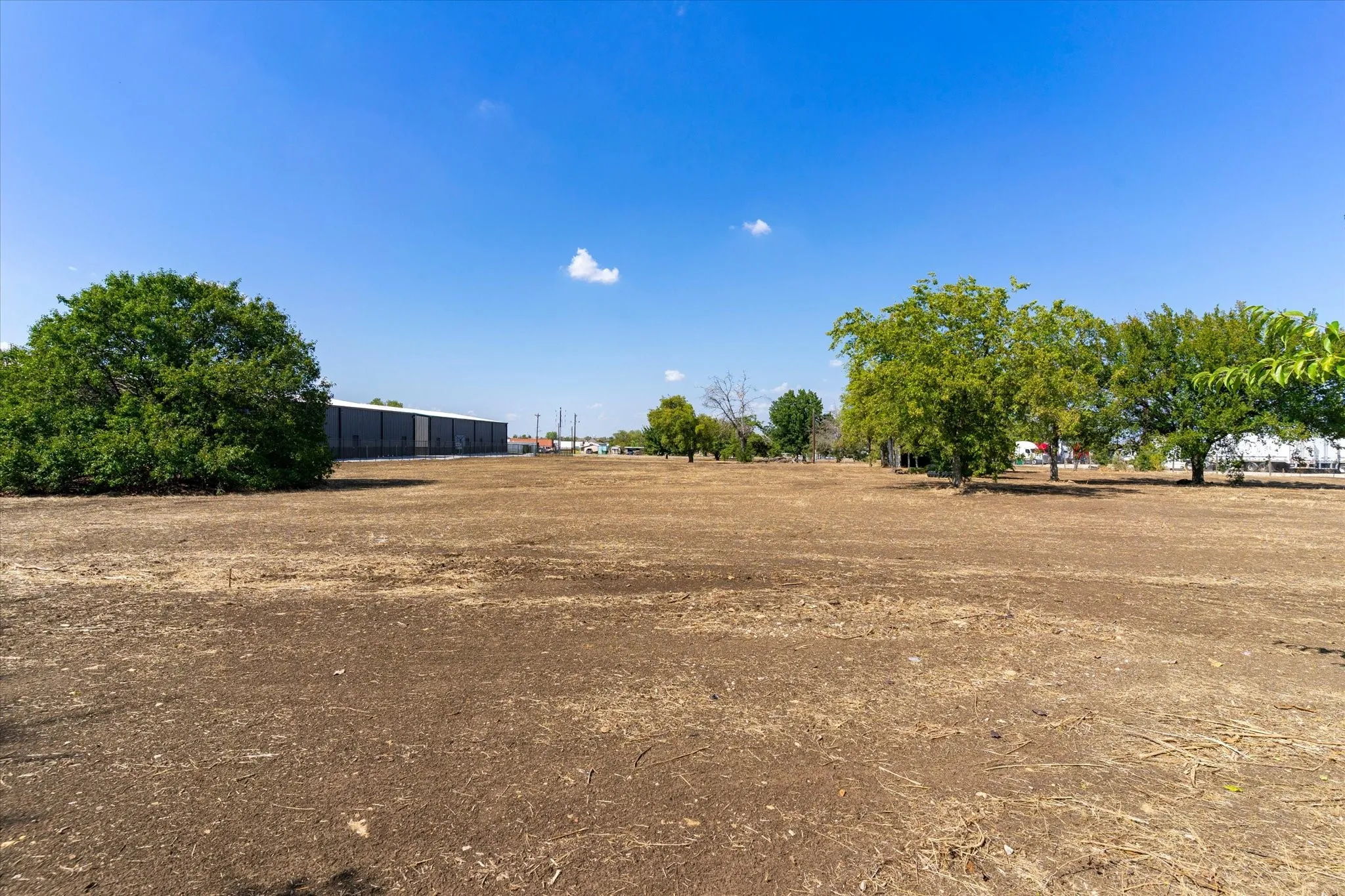 Expansive land parcel with clear ground, featuring mature trees along the perimeter and a bright open sky