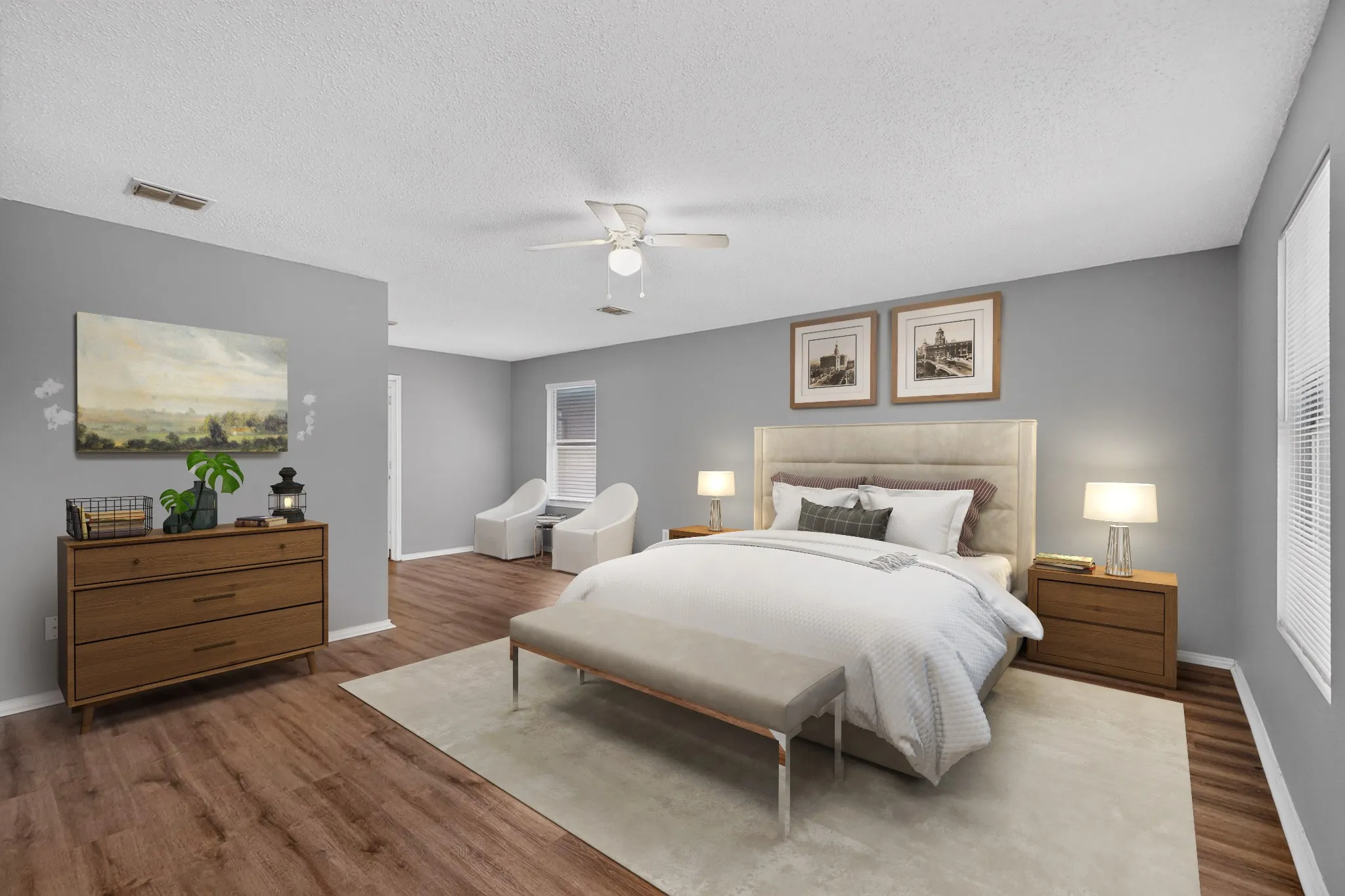 Wood-finish flooring, ceiling fan, and window with blinds